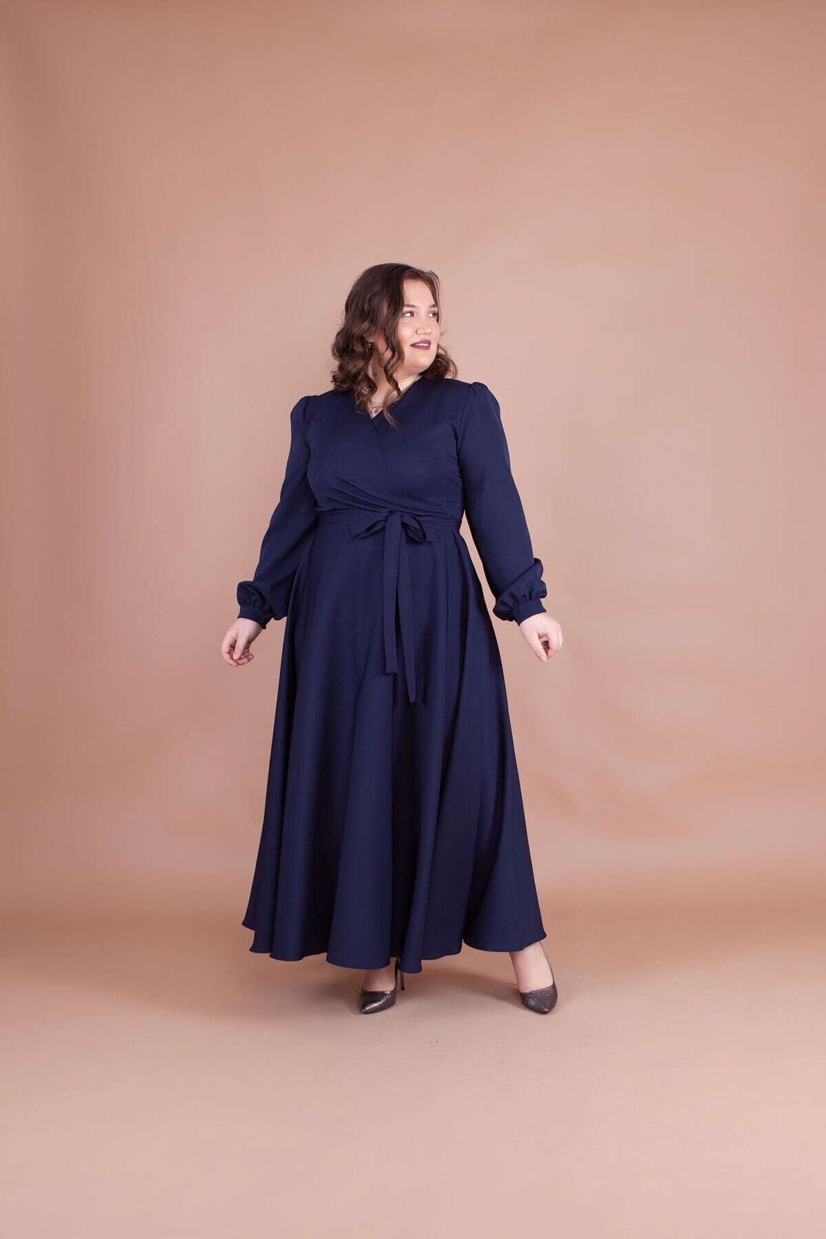 Plus Size Modest Evening Dress - Navy Blue - Bidoluelbise