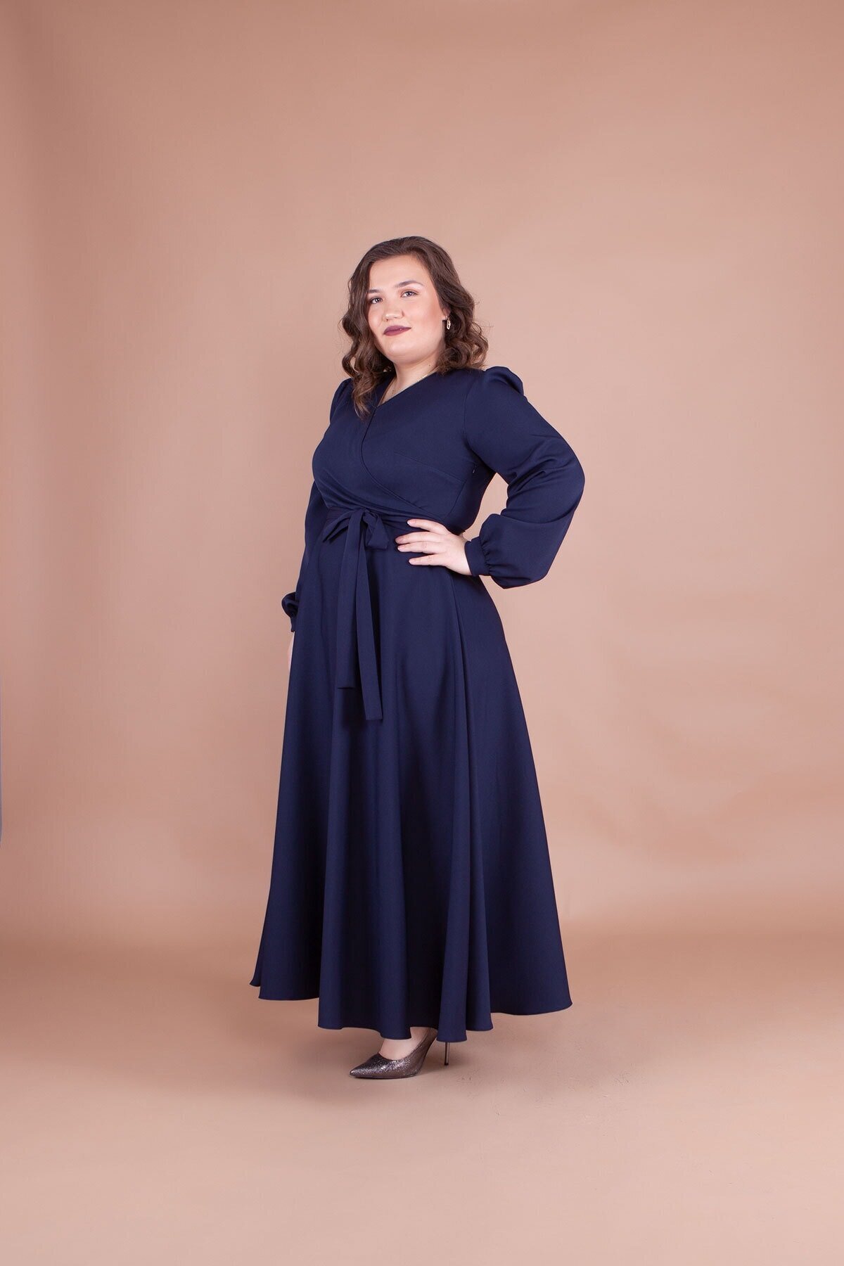 Plus Size Modest Evening Dress - Navy Blue - Bidoluelbise