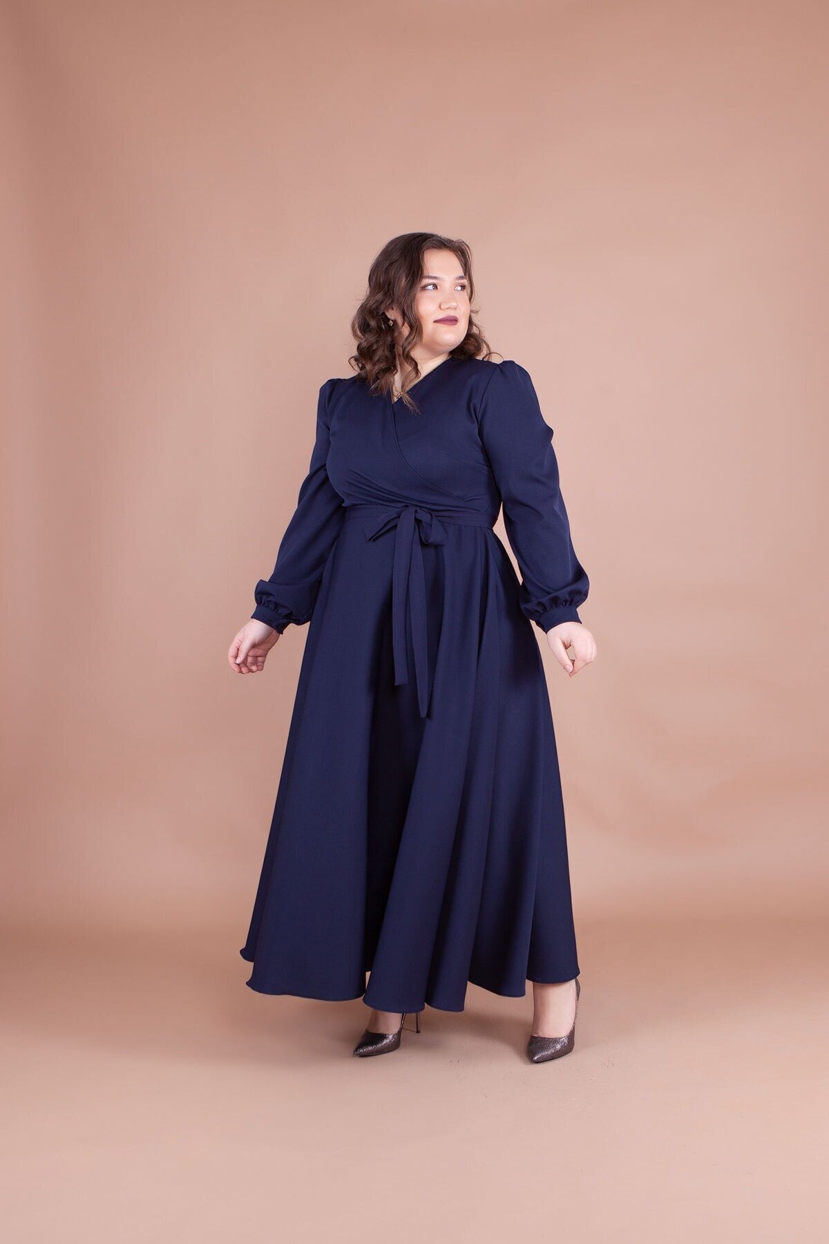 Plus Size Modest Evening Dress - Navy Blue - Bidoluelbise