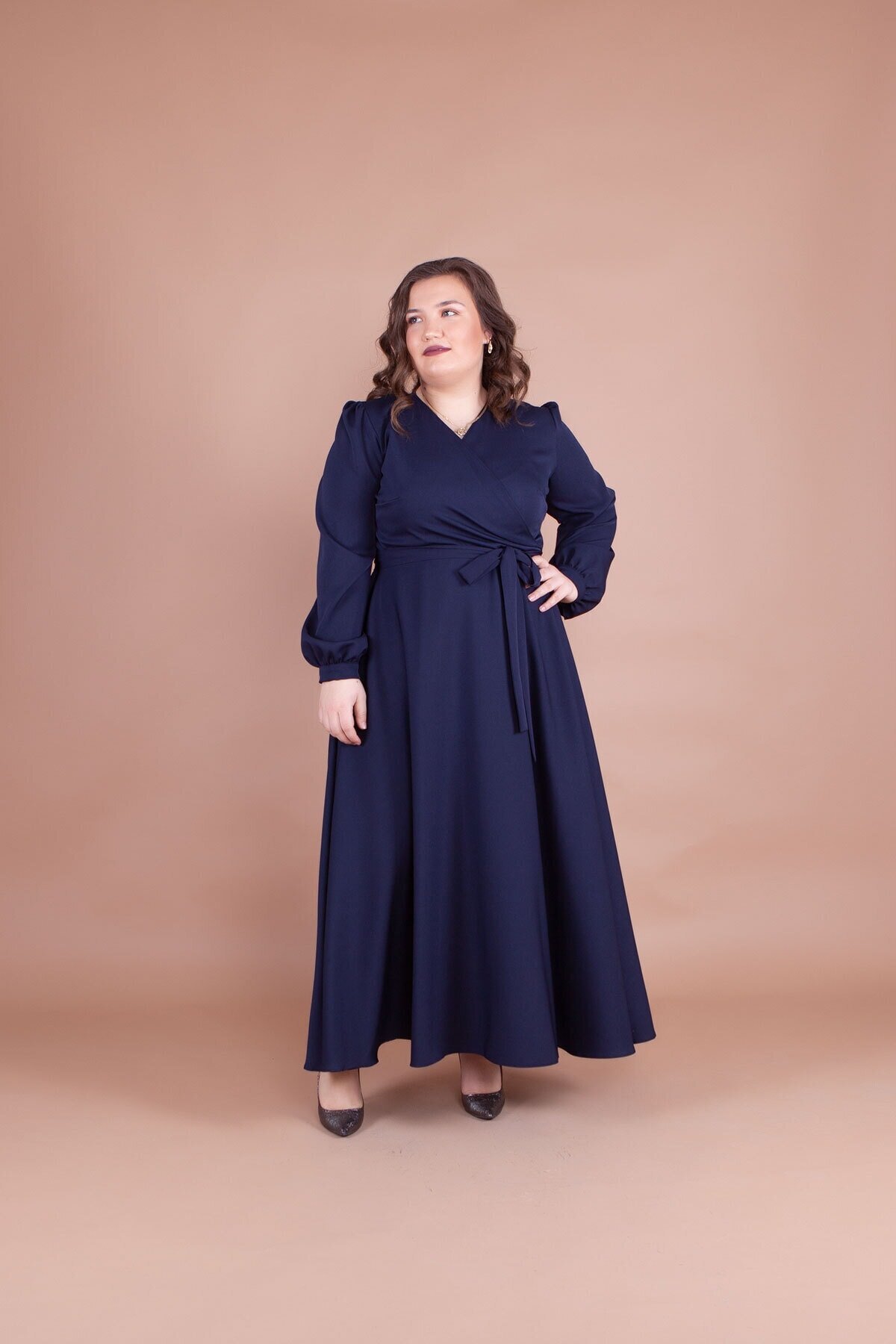 Plus Size Modest Evening Dress - Navy Blue - Bidoluelbise