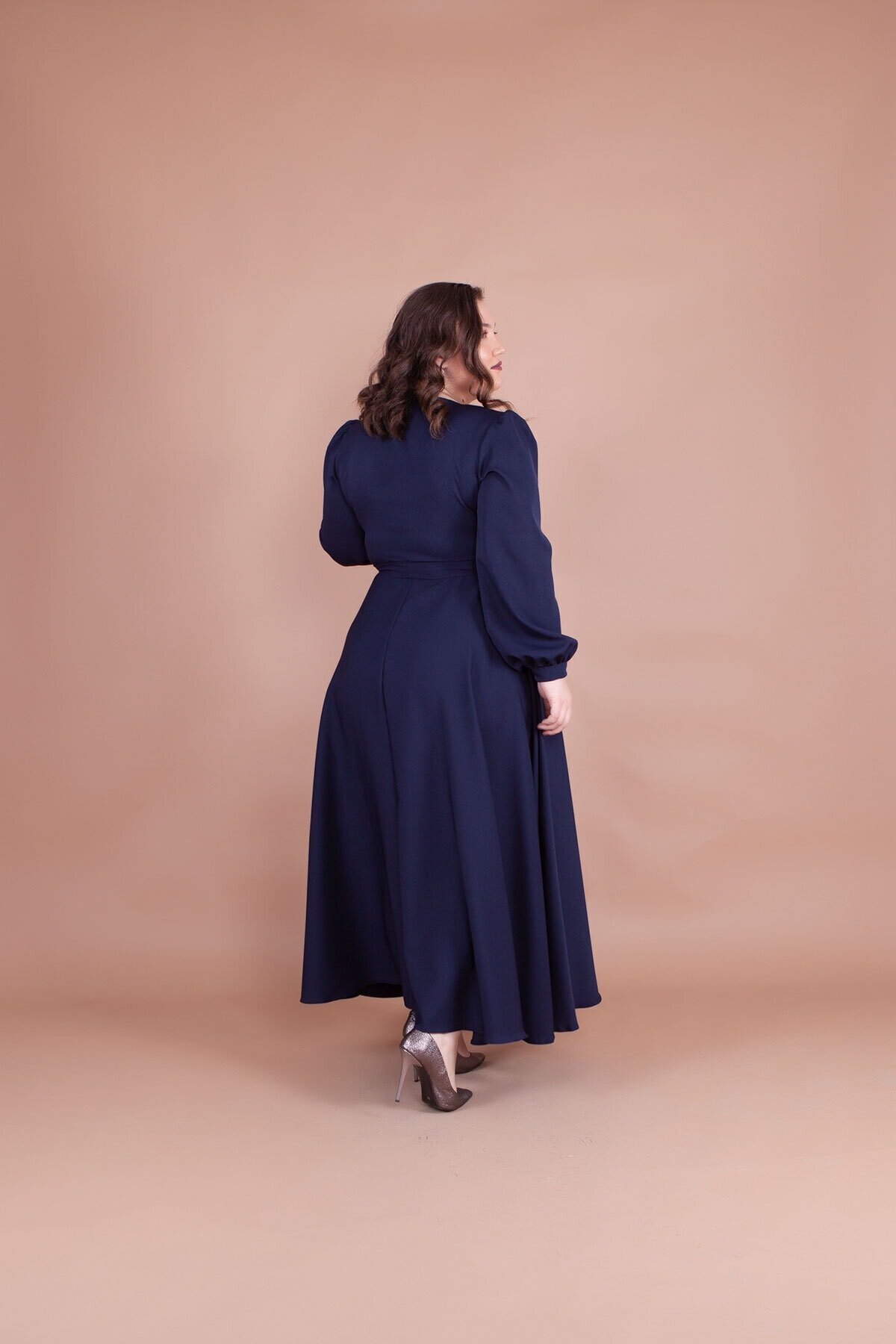 Plus Size Modest Evening Dress - Navy Blue - Bidoluelbise