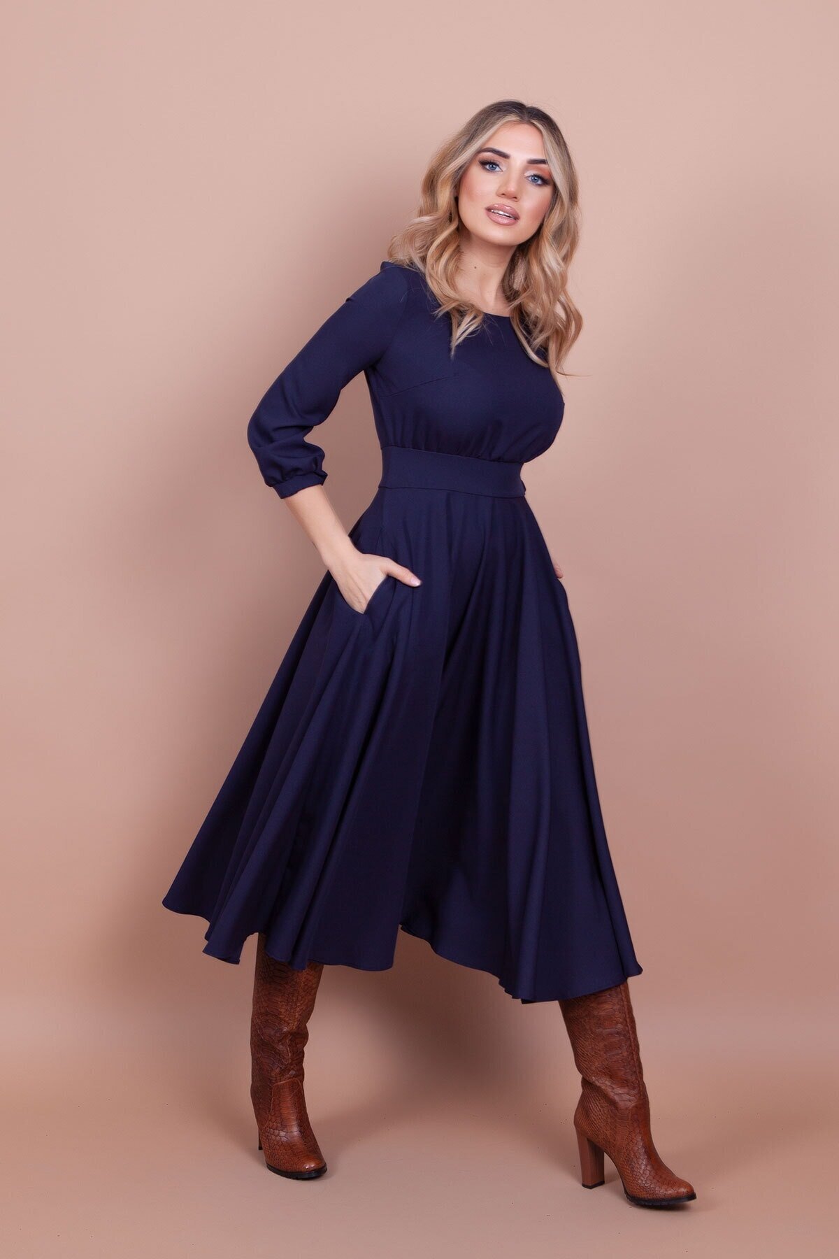 Midi Round-Neck Modest Dress with Pocket Detail - Navy Blue - Bidoluelbise