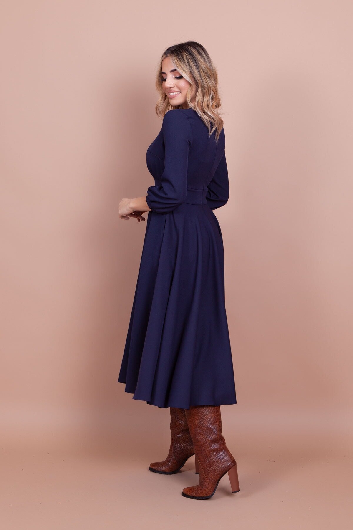 Midi Round-Neck Modest Dress with Pocket Detail - Navy Blue - Bidoluelbise
