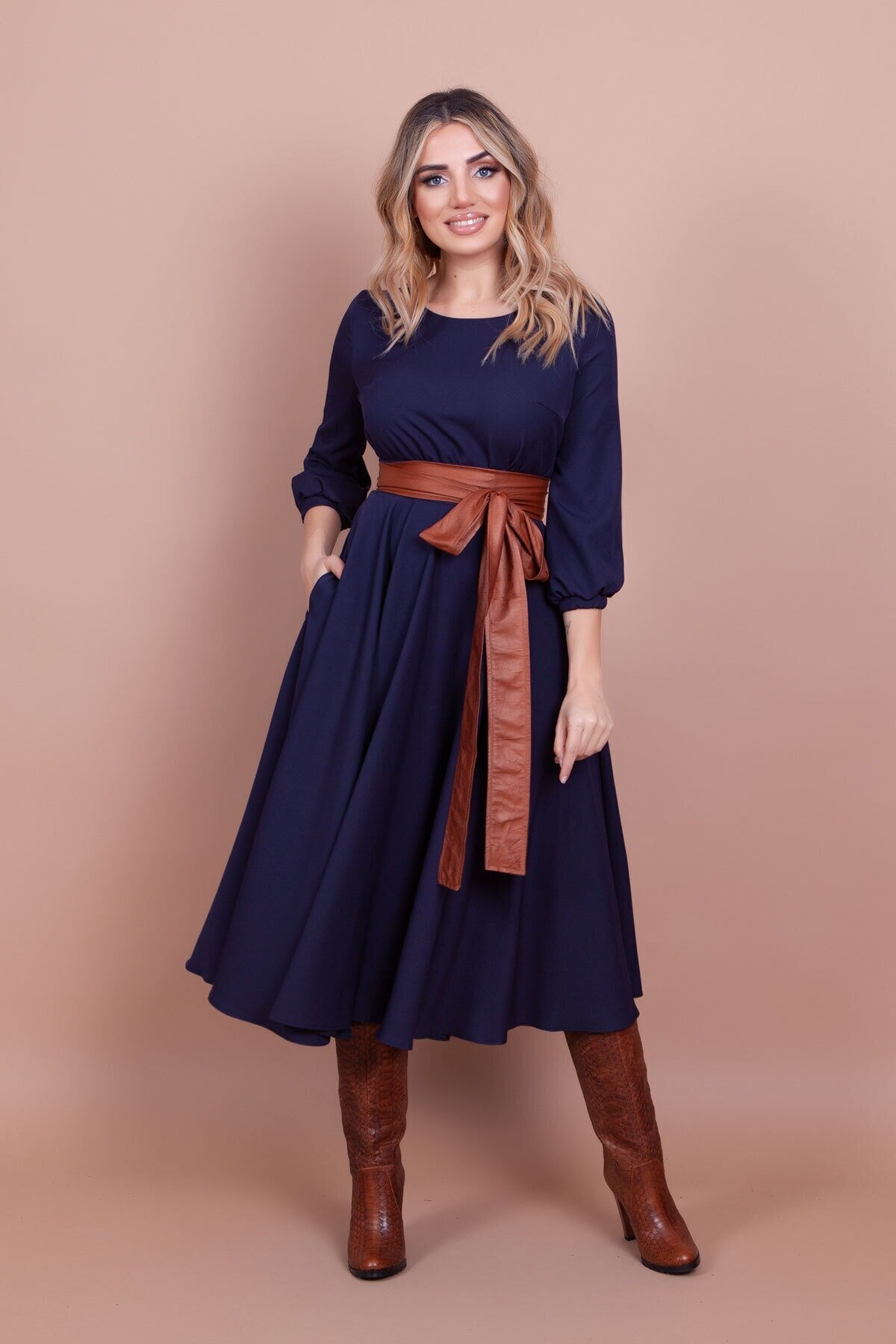 Midi Round-Neck Modest Dress with Pocket Detail - Navy Blue - Bidoluelbise