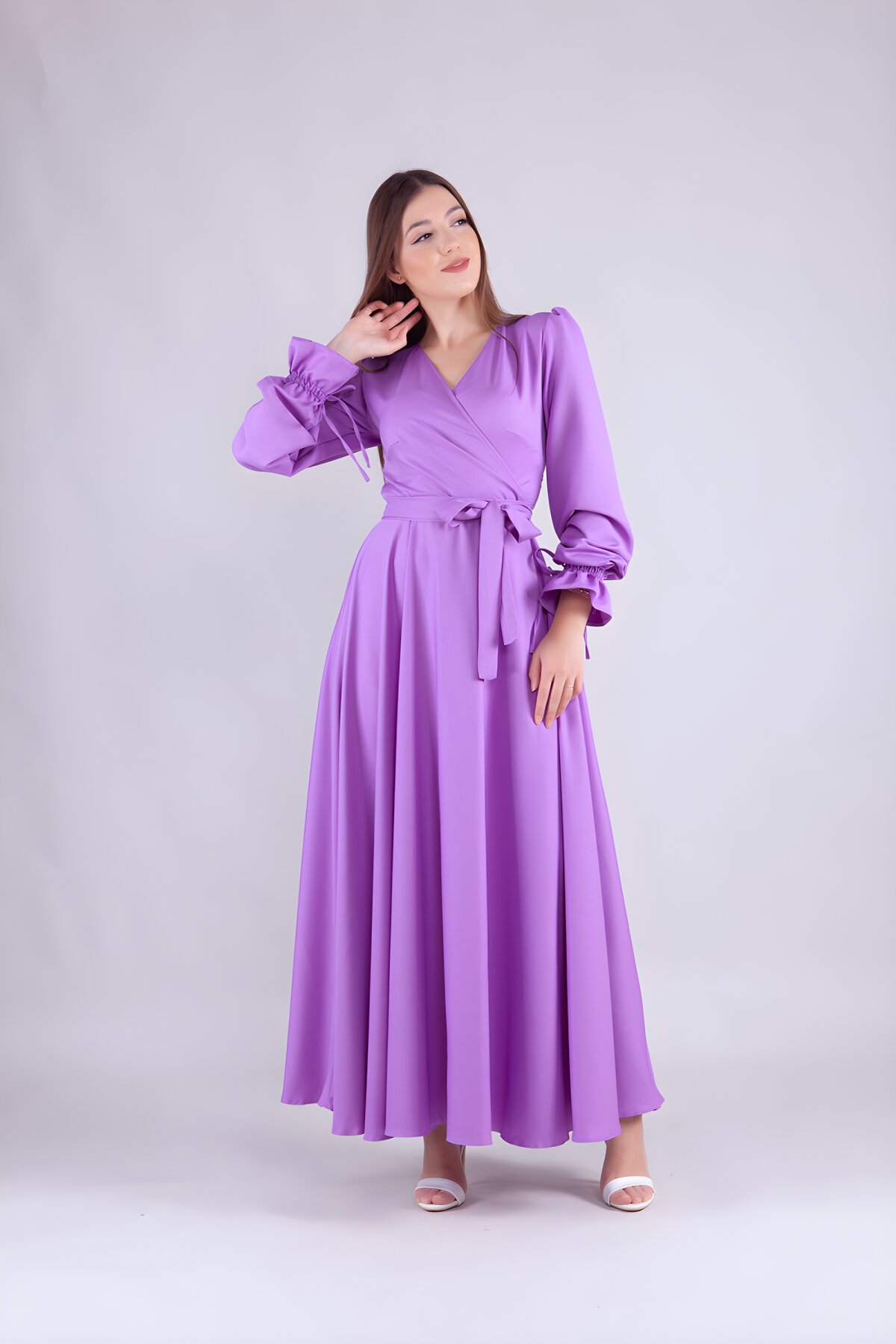 Leylak Uzun Kol Kruvaze Yaka Tesettür Abiye Elbise - Bidoluelbise