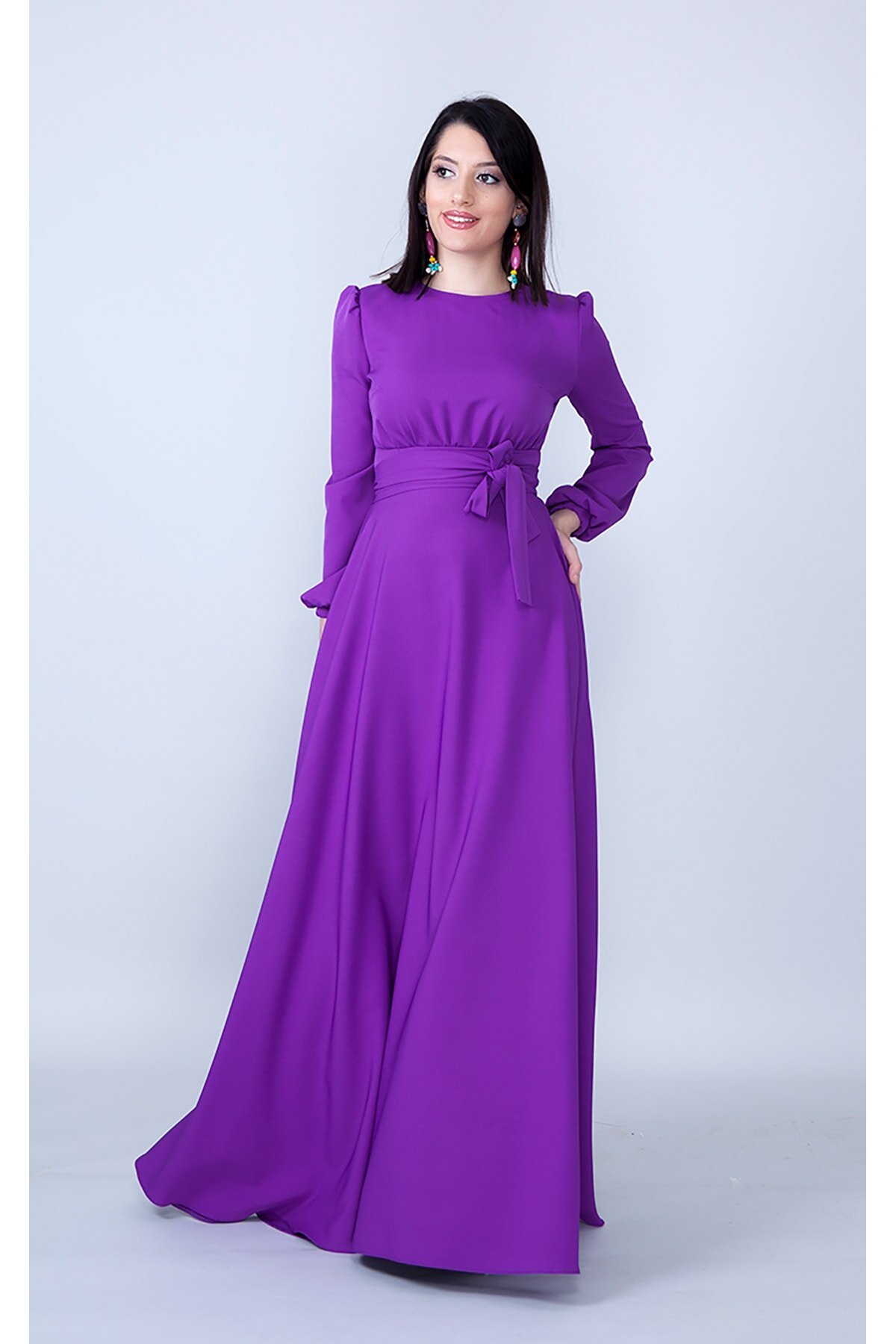 Long Sleeve Woven Gathered Waist Belted Modest Evening Dress - Purple - Bidoluelbise