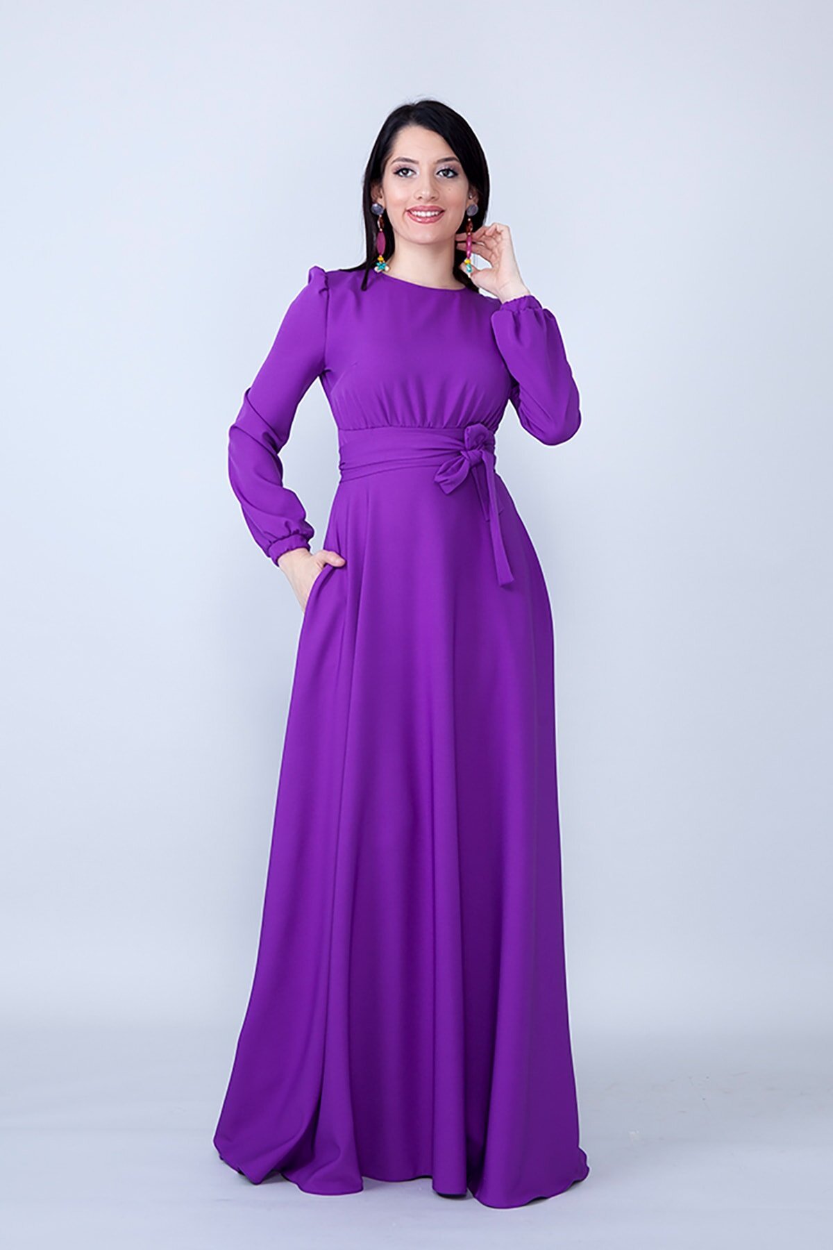 Long Sleeve Woven Gathered Waist Belted Modest Evening Dress - Purple - Bidoluelbise
