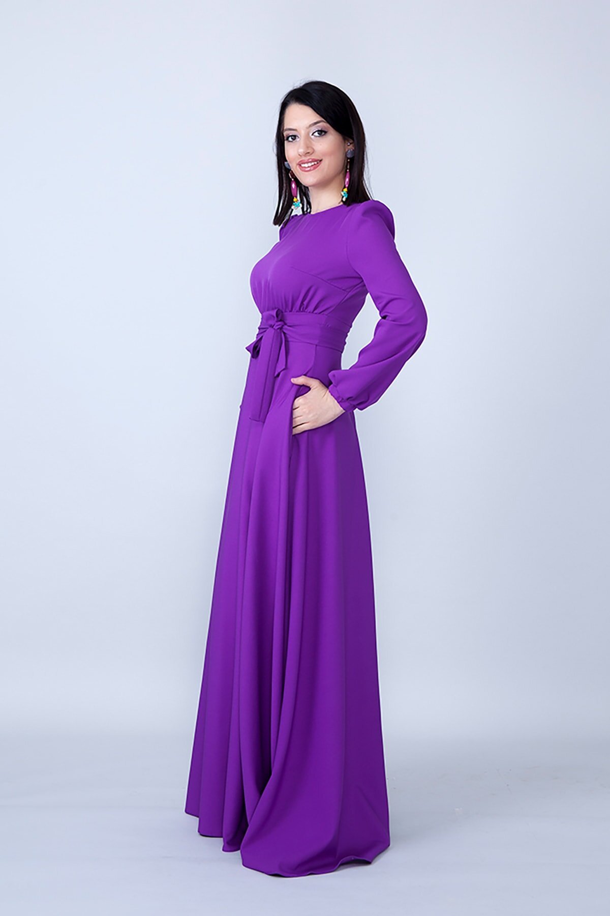 Long Sleeve Woven Gathered Waist Belted Modest Evening Dress - Purple - Bidoluelbise