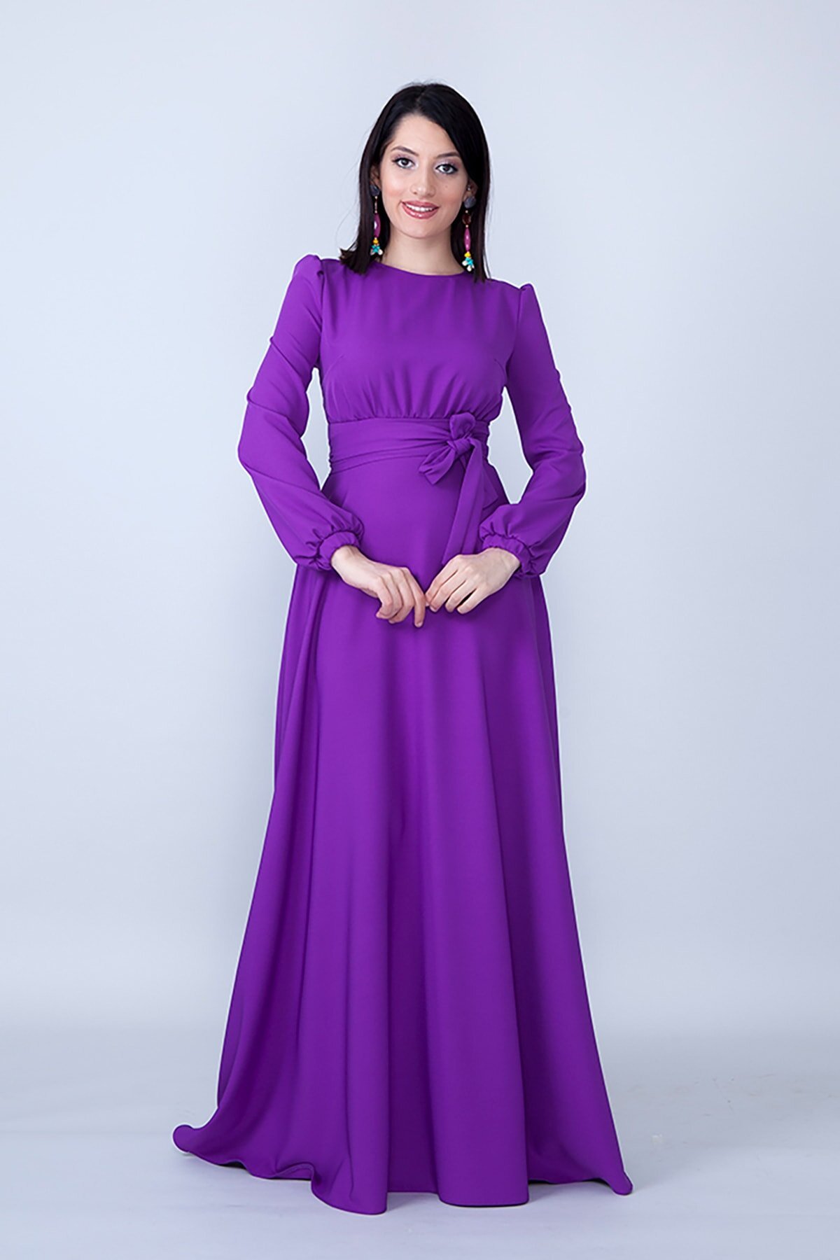 Long Sleeve Woven Gathered Waist Belted Modest Evening Dress - Purple - Bidoluelbise