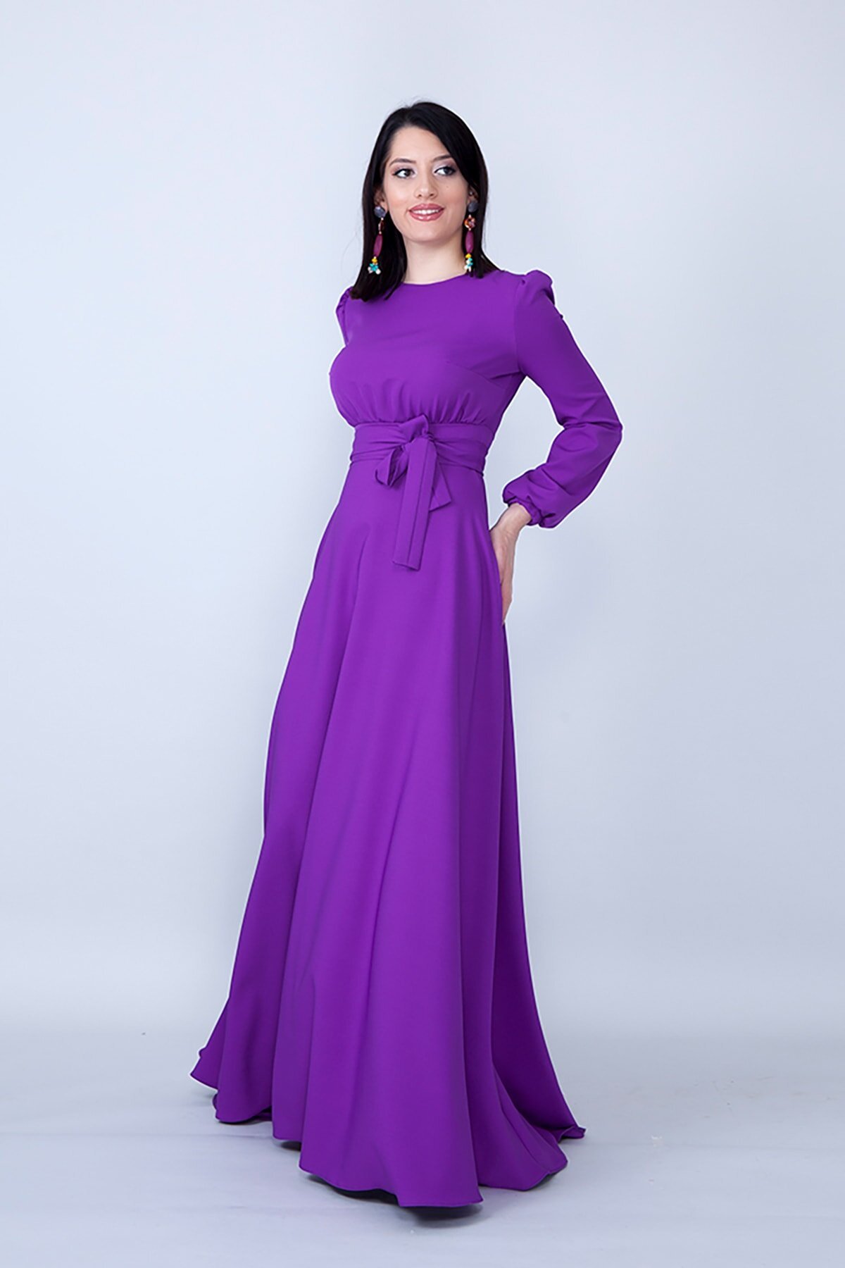 Long Sleeve Woven Gathered Waist Belted Modest Evening Dress - Purple - Bidoluelbise