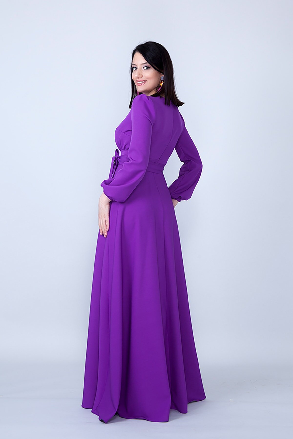 Long Sleeve Woven Gathered Waist Belted Modest Evening Dress - Purple - Bidoluelbise