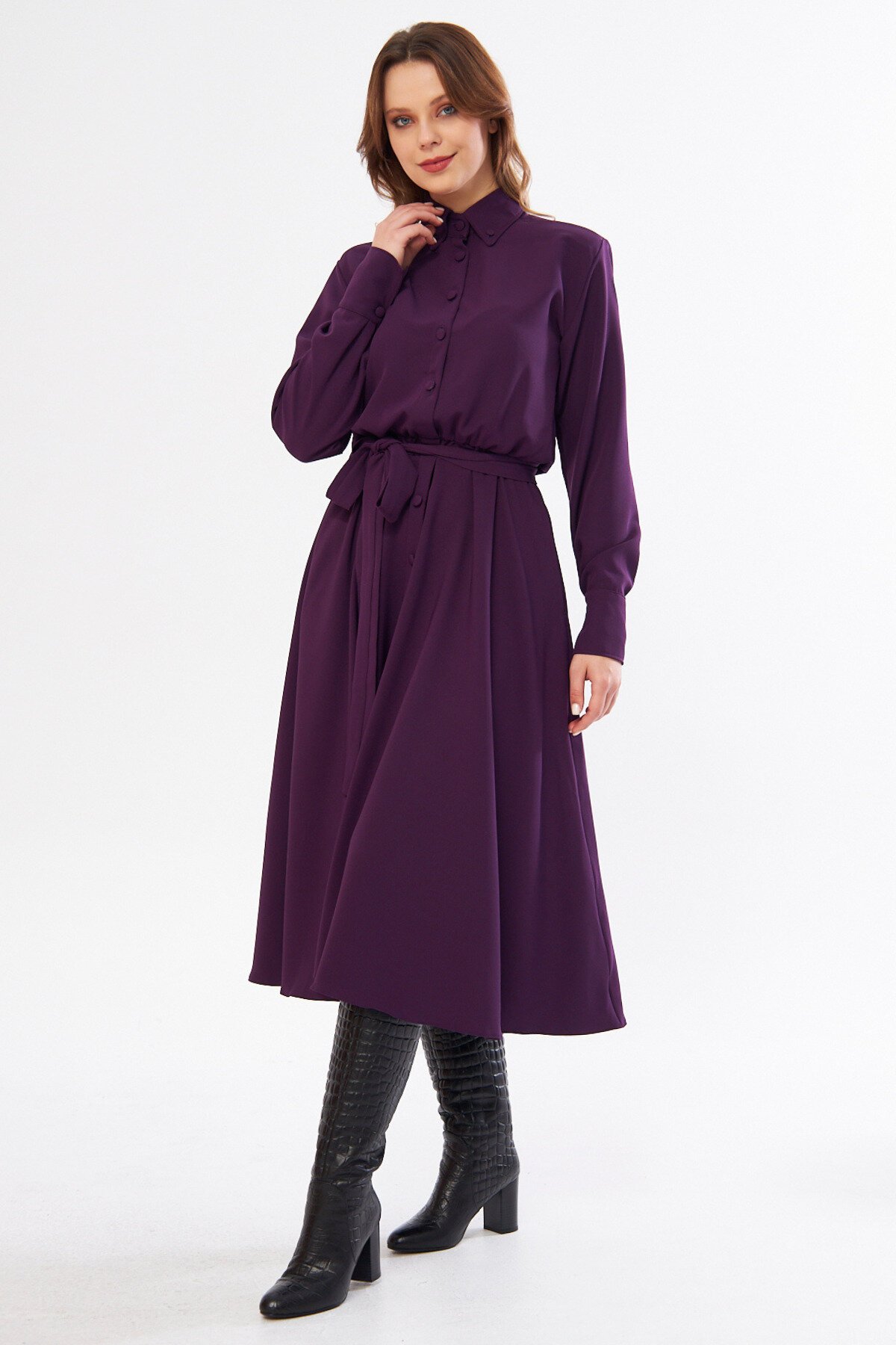 Long-Sleeved Elastic-Waist Belted Shirtdress - Plum - Bidoluelbise