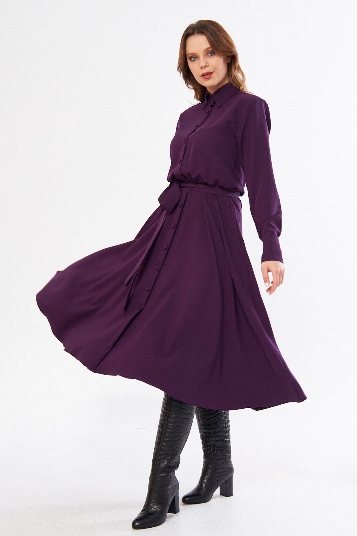 Long-Sleeved Elastic-Waist Belted Shirtdress - Plum - Bidoluelbise