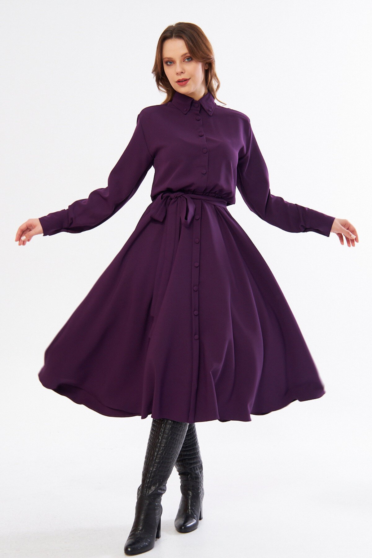 Long-Sleeved Elastic-Waist Belted Shirtdress - Plum - Bidoluelbise