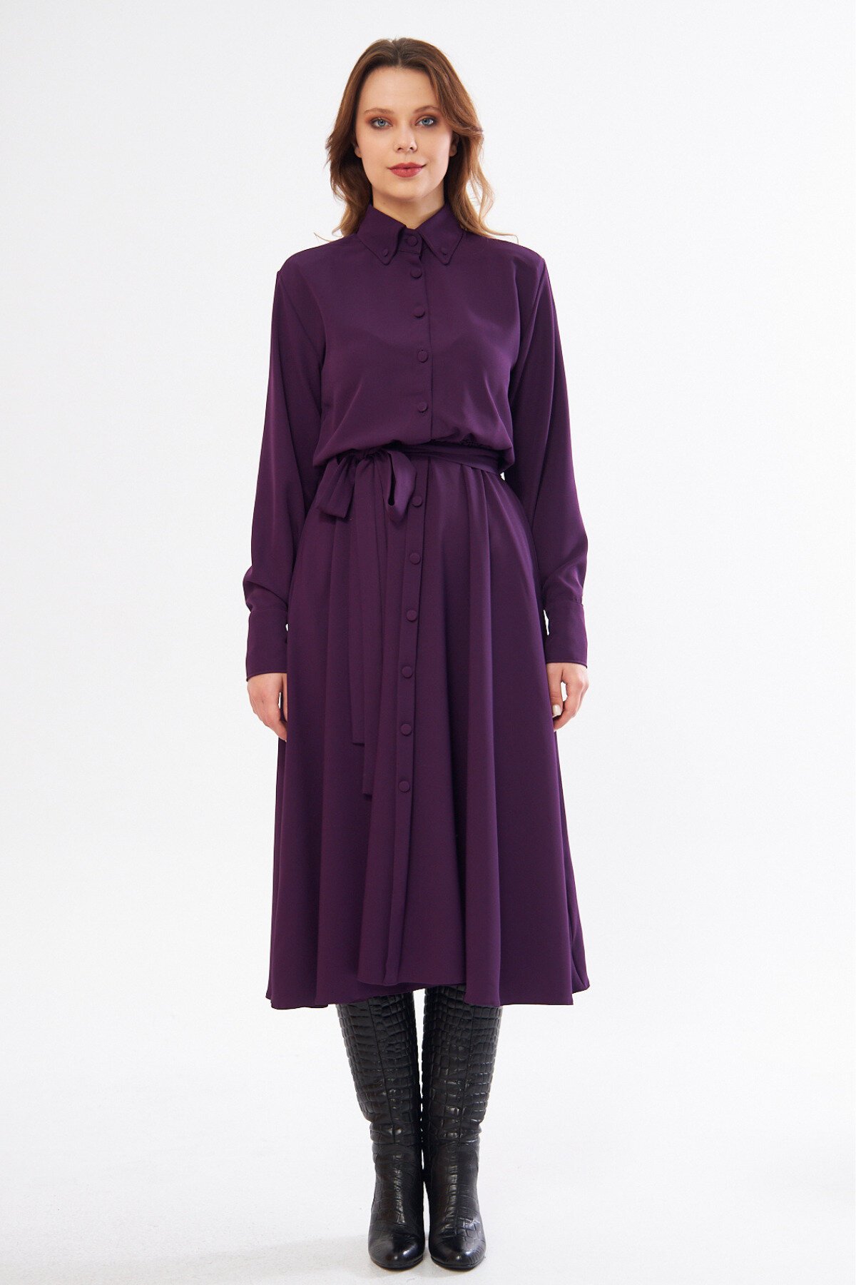 Long-Sleeved Elastic-Waist Belted Shirtdress - Plum - Bidoluelbise