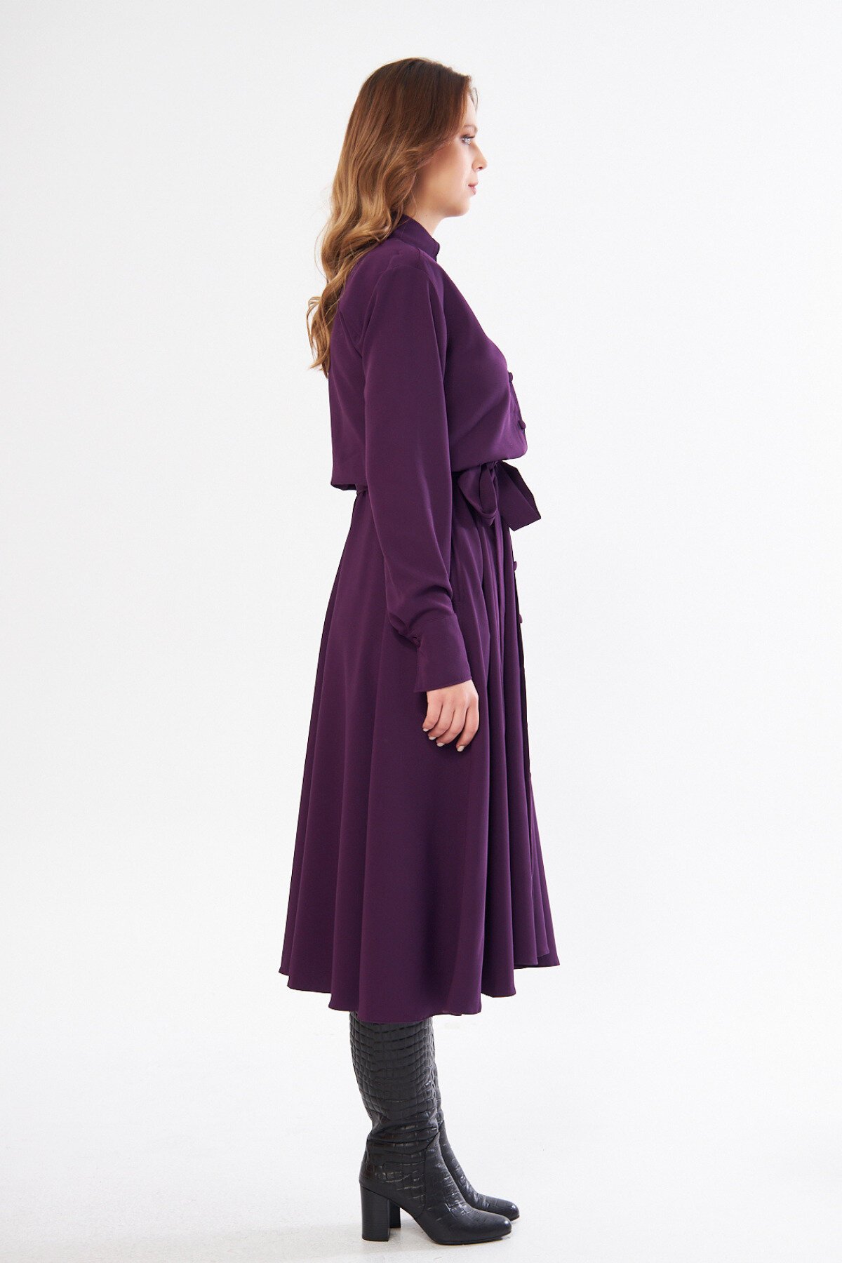 Long-Sleeved Elastic-Waist Belted Shirtdress - Plum - Bidoluelbise