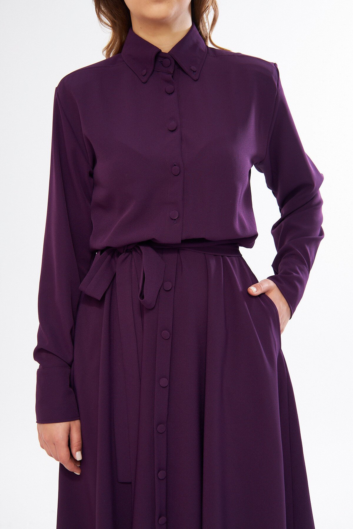 Long-Sleeved Elastic-Waist Belted Shirtdress - Plum - Bidoluelbise