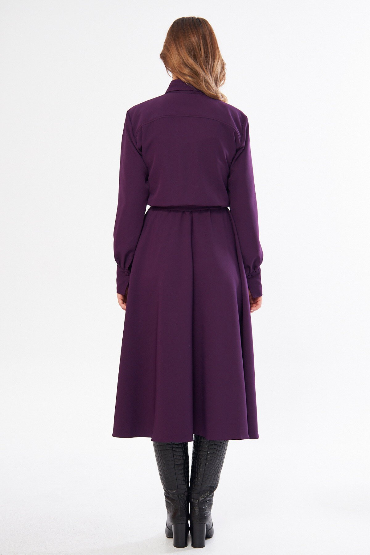Long-Sleeved Elastic-Waist Belted Shirtdress - Plum - Bidoluelbise