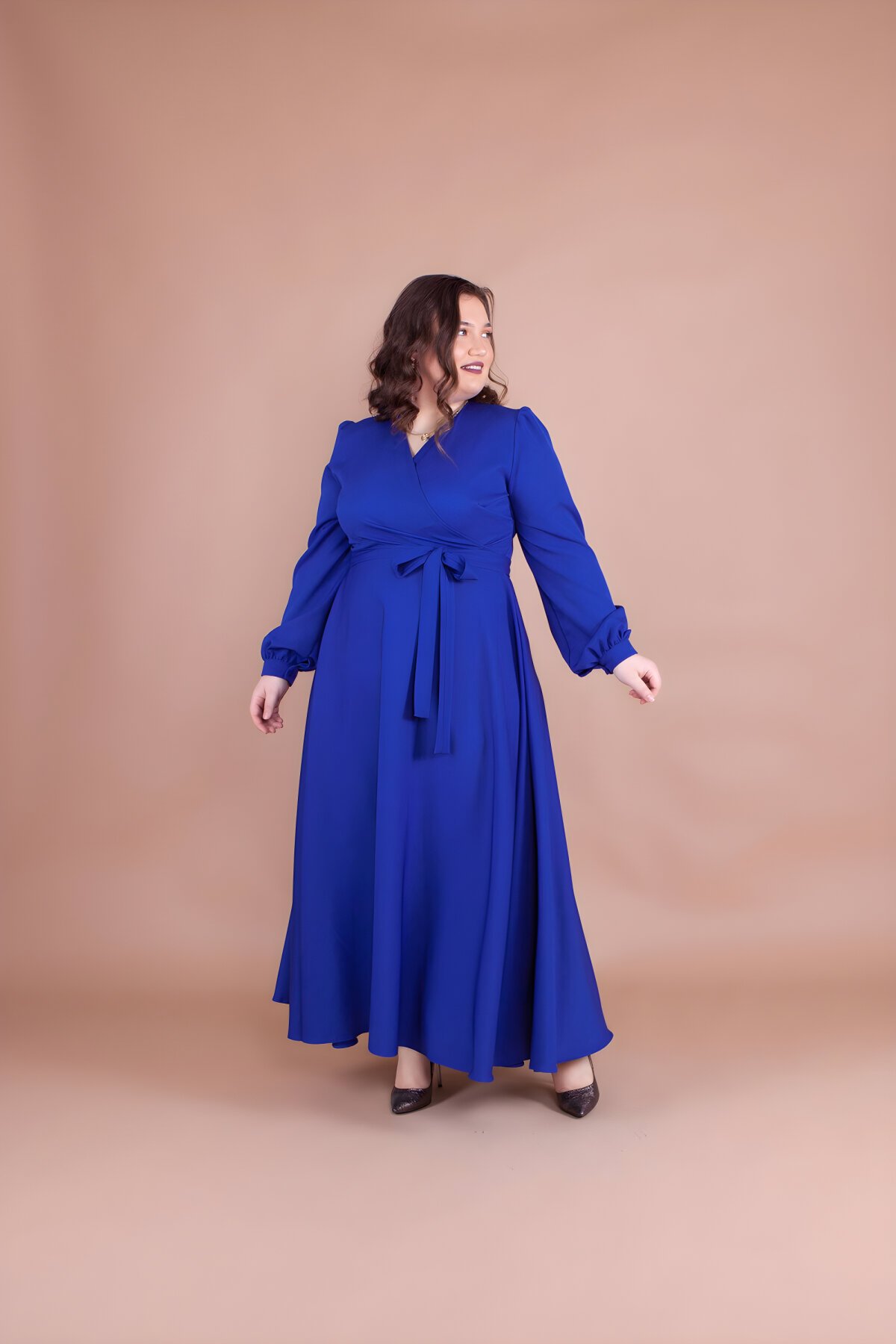 Sax Mavi Büyük Beden Tesettür Abiye Elbise - Bidoluelbise