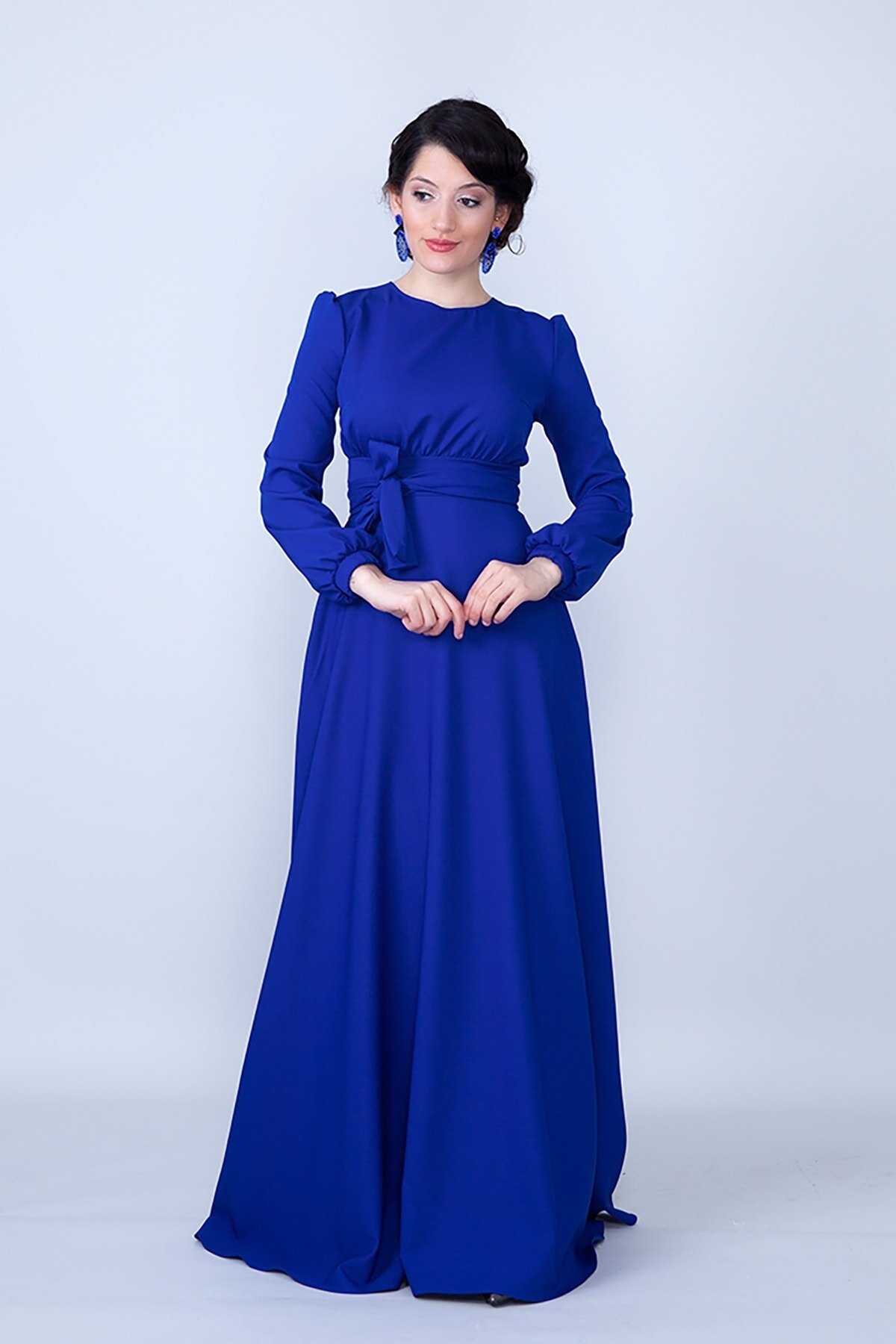 Woven Belted Gathered-Waist Modest Evening Dress - Sax Blue - Bidoluelbise