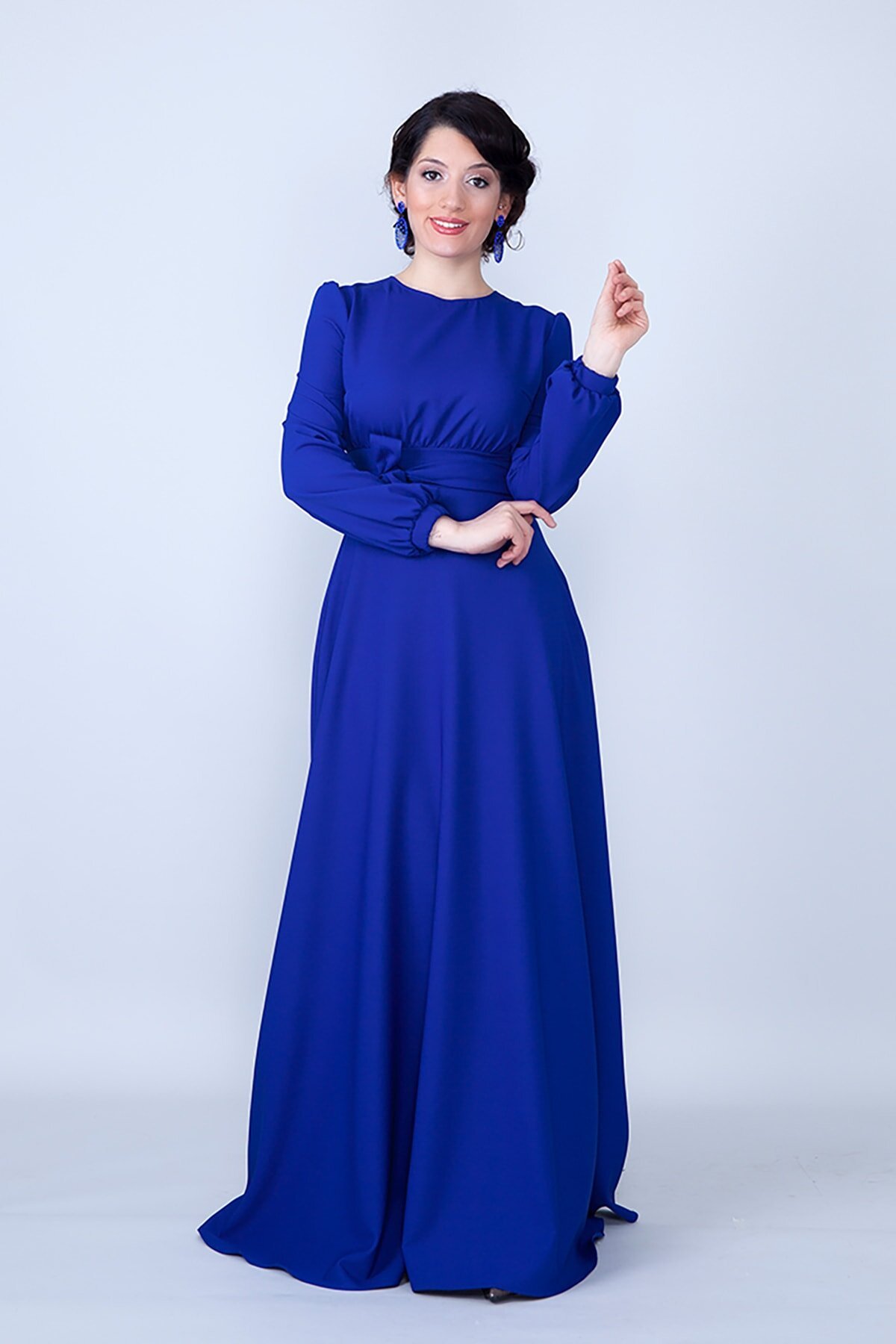Woven Belted Gathered-Waist Modest Evening Dress - Sax Blue - Bidoluelbise