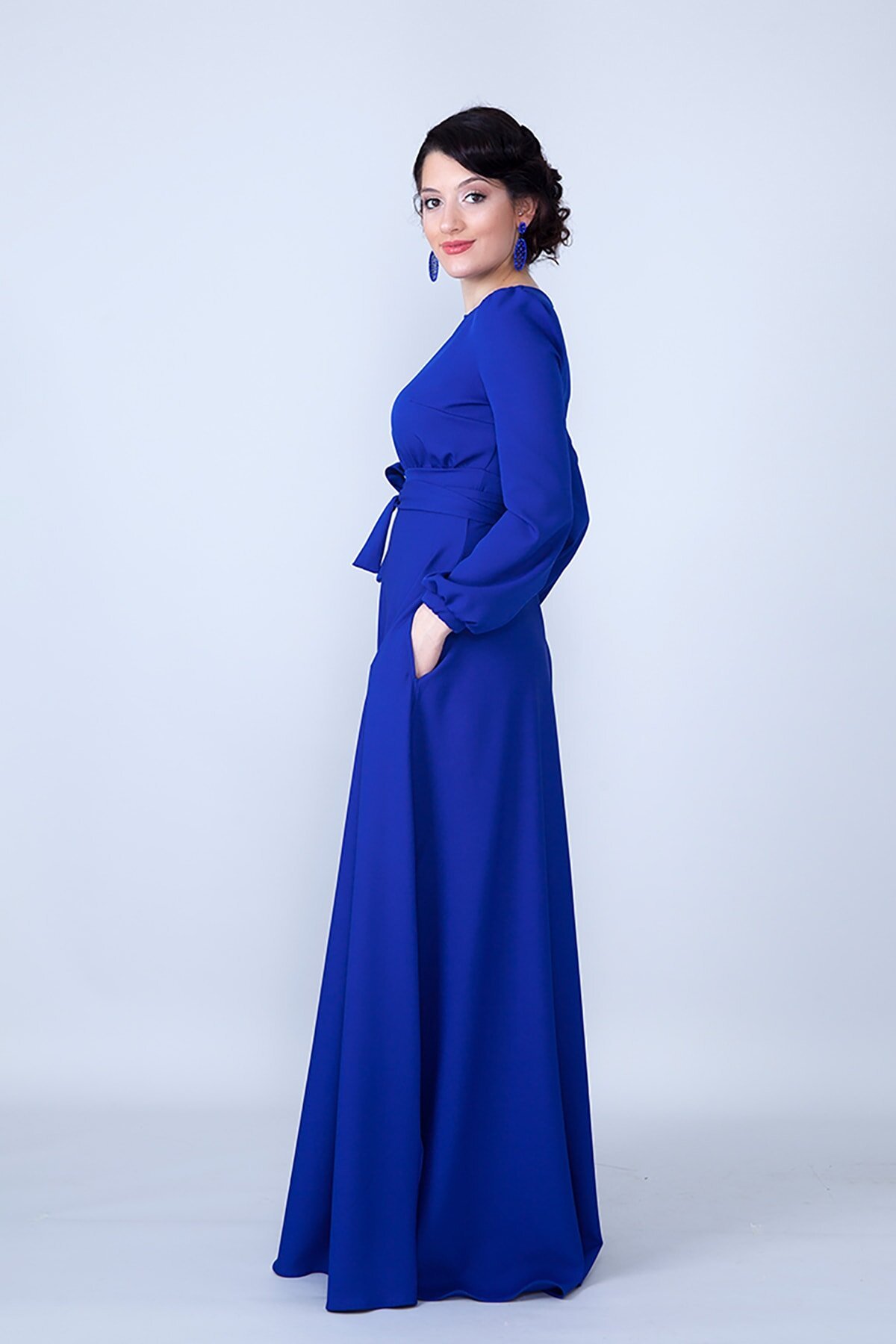 Woven Belted Gathered-Waist Modest Evening Dress - Sax Blue - Bidoluelbise