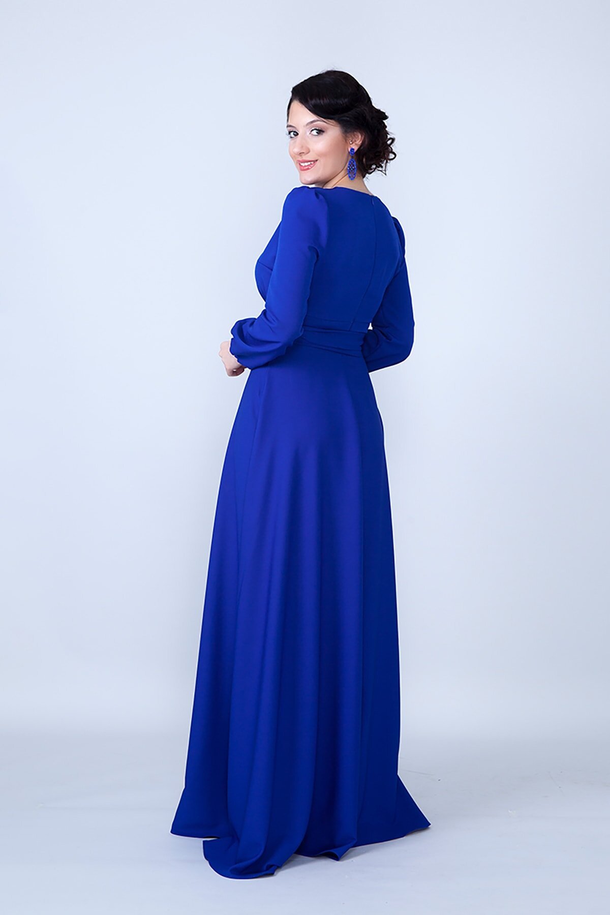 Woven Belted Gathered-Waist Modest Evening Dress - Sax Blue - Bidoluelbise