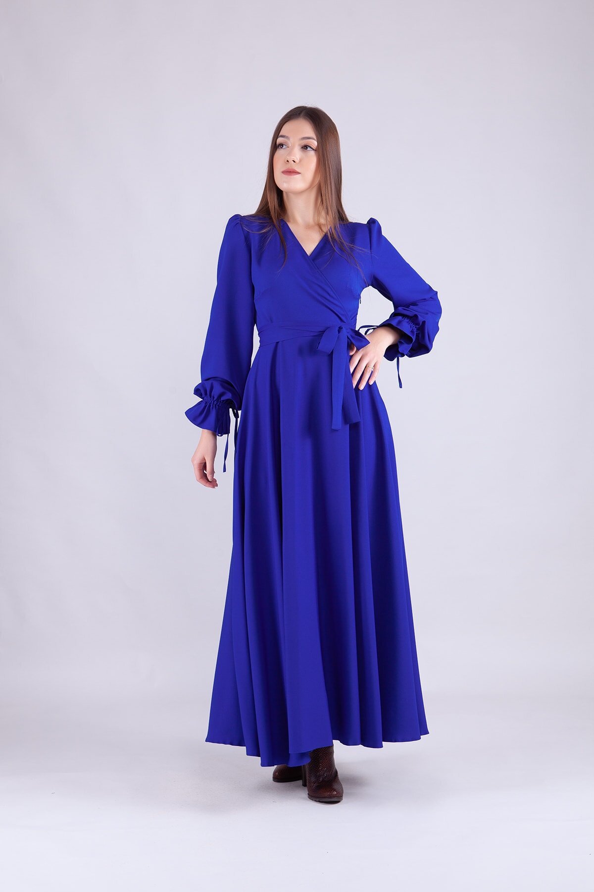 Long Sleeve Wrap Neck Modest Evening Dress - Sax Blue - Bidoluelbise