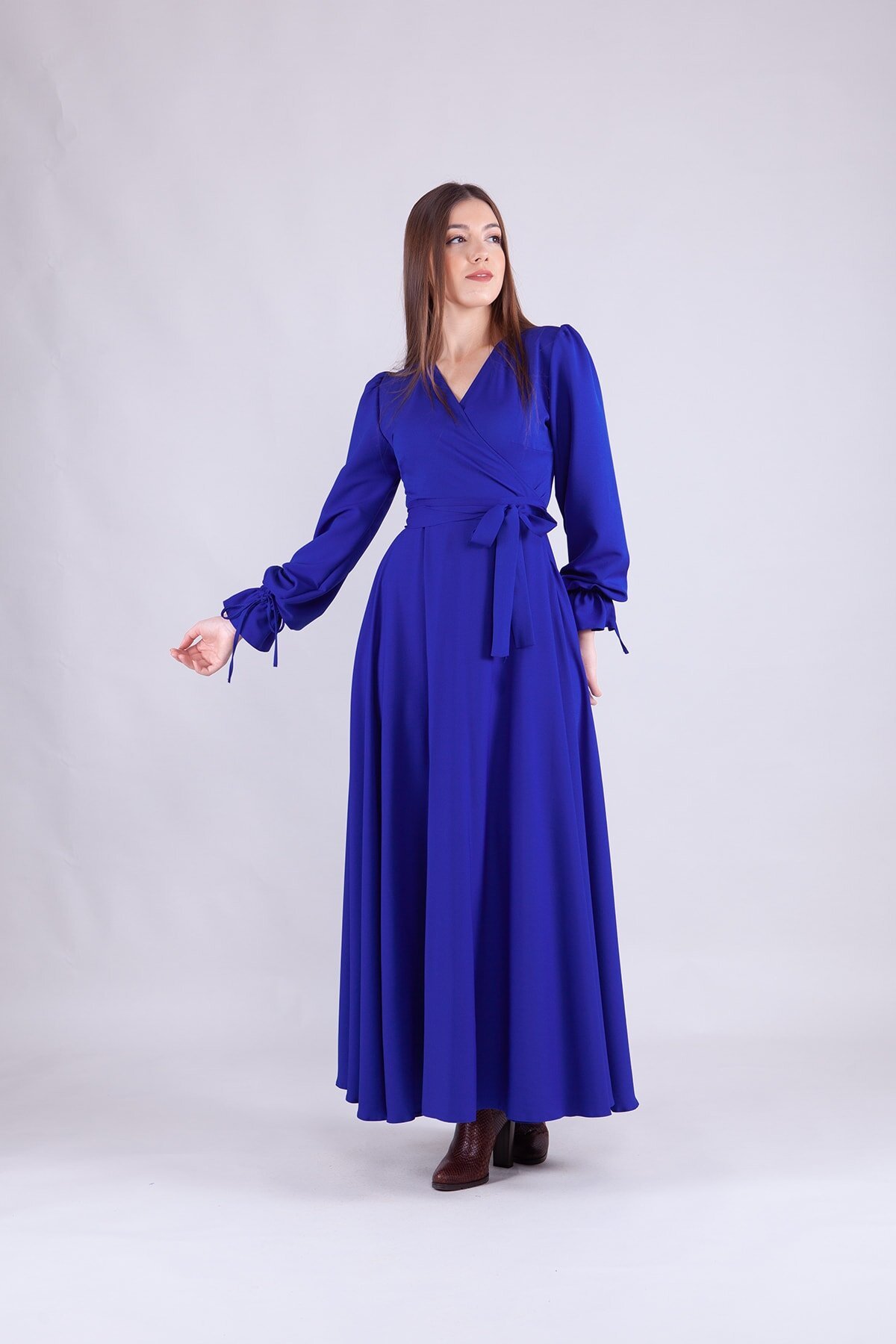 Long Sleeve Wrap Neck Modest Evening Dress - Sax Blue - Bidoluelbise