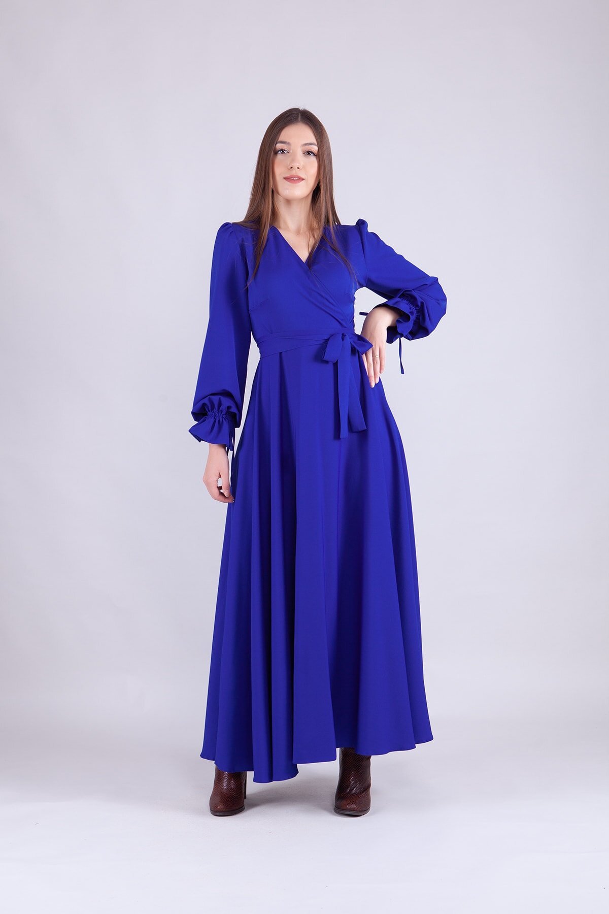 Long Sleeve Wrap Neck Modest Evening Dress - Sax Blue - Bidoluelbise