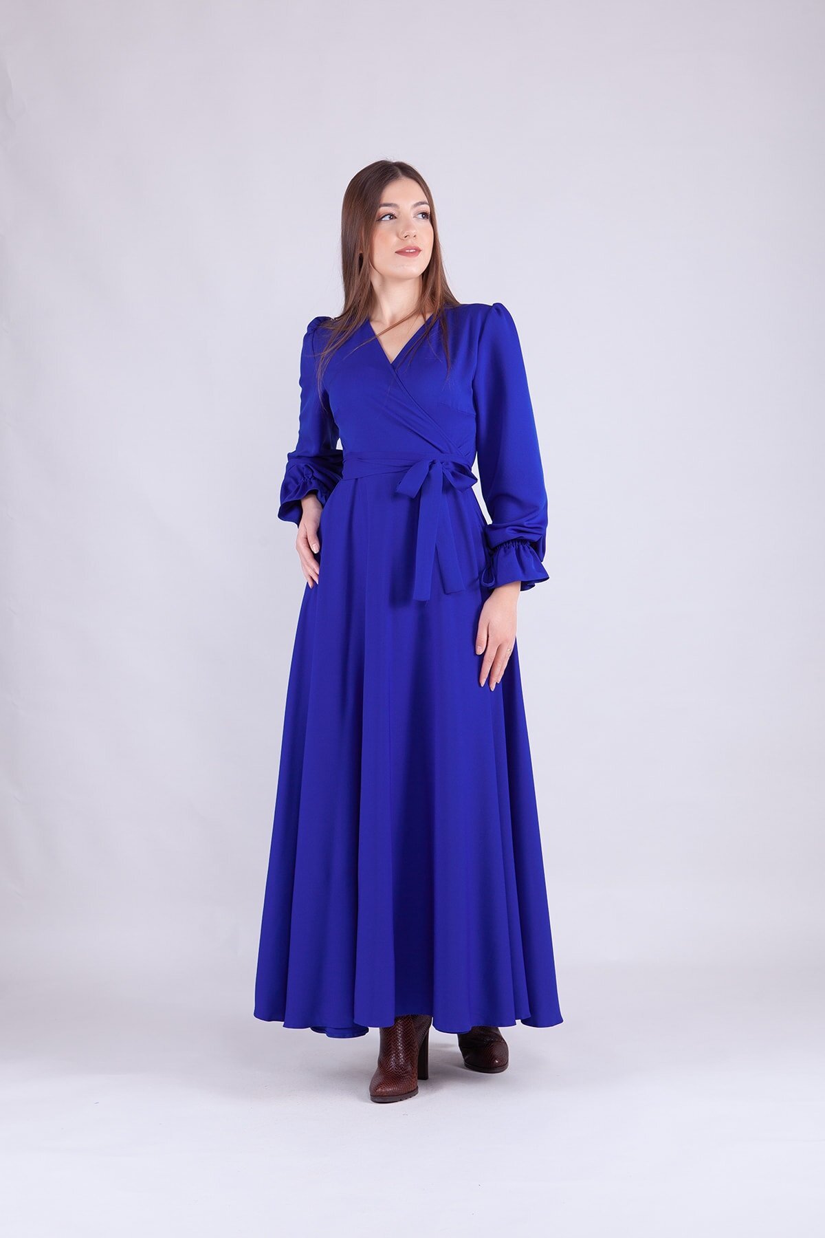 Long Sleeve Wrap Neck Modest Evening Dress - Sax Blue - Bidoluelbise