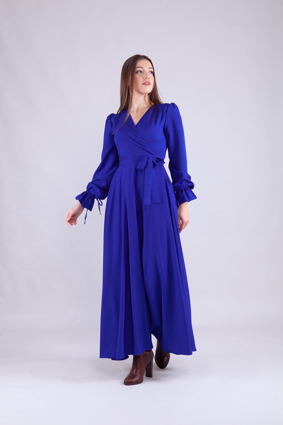 Long Sleeve Wrap Neck Modest Evening Dress - Sax Blue - Bidoluelbise