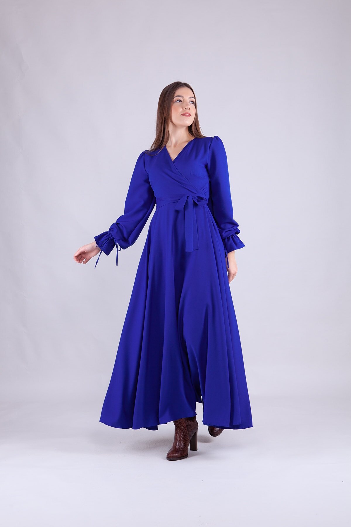 Long Sleeve Wrap Neck Modest Evening Dress - Sax Blue - Bidoluelbise