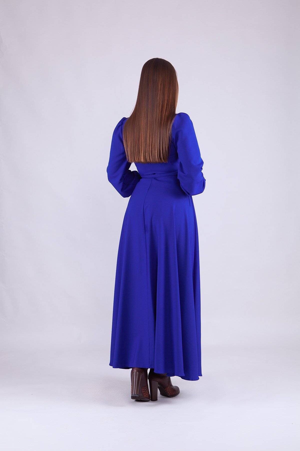 Long Sleeve Wrap Neck Modest Evening Dress - Sax Blue - Bidoluelbise