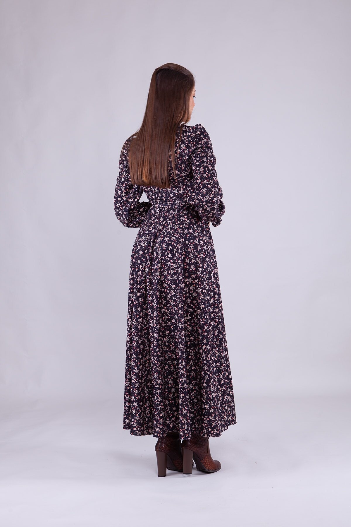 Long Sleeve Floral Velvet Wrap Neck Modest Dress - Black - Bidoluelbise