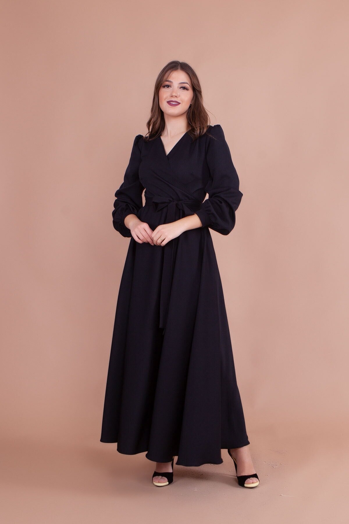 Belted Wrap-Neck Modest Evening Dress - Black - Bidoluelbise