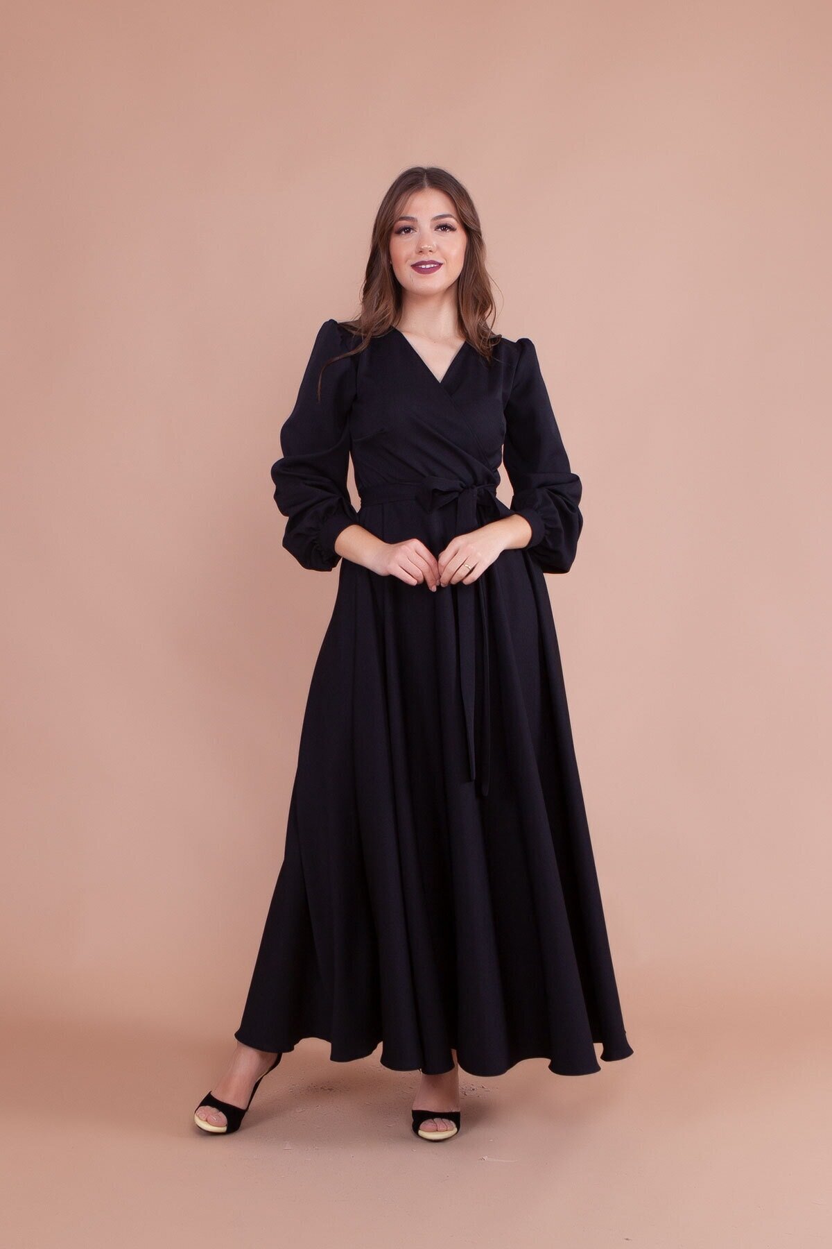 Belted Wrap-Neck Modest Evening Dress - Black - Bidoluelbise