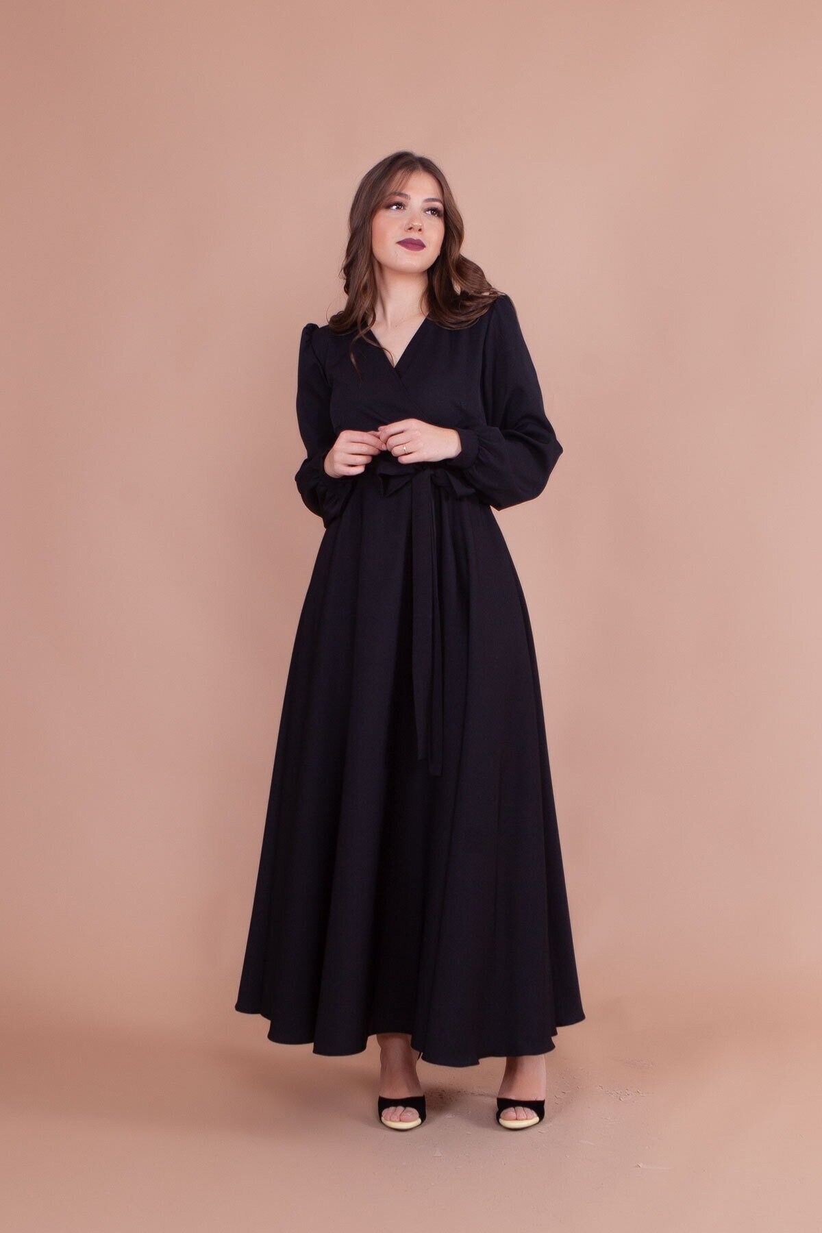Belted Wrap-Neck Modest Evening Dress - Black - Bidoluelbise