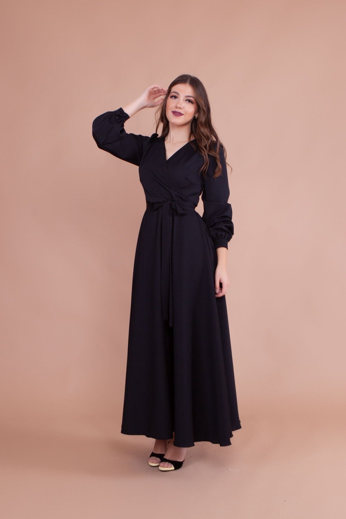 Belted Wrap-Neck Modest Evening Dress - Black - Bidoluelbise