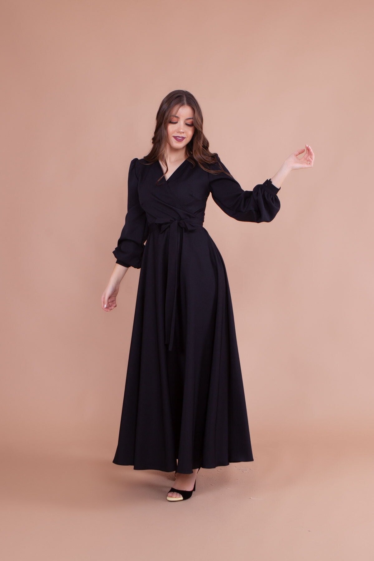 Belted Wrap-Neck Modest Evening Dress - Black - Bidoluelbise