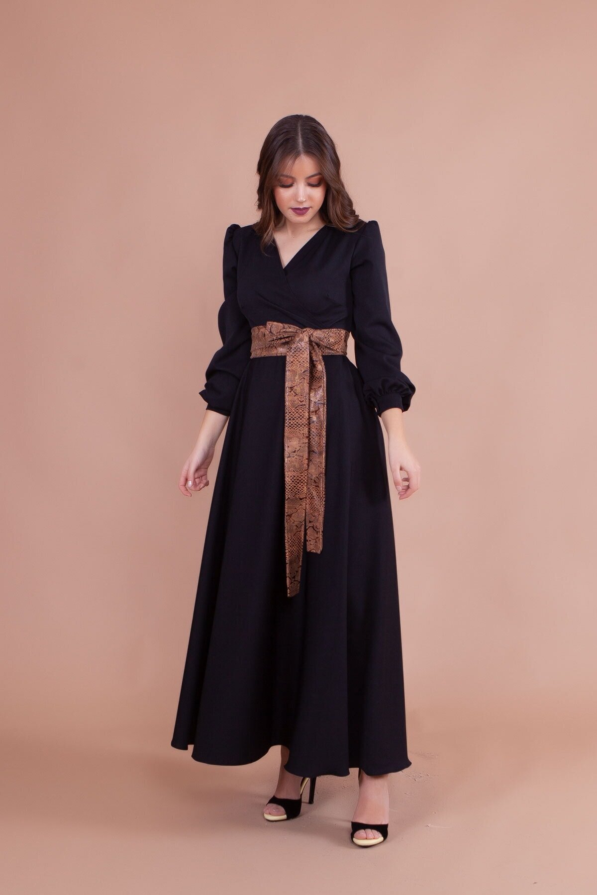 Belted Wrap-Neck Modest Evening Dress - Black - Bidoluelbise