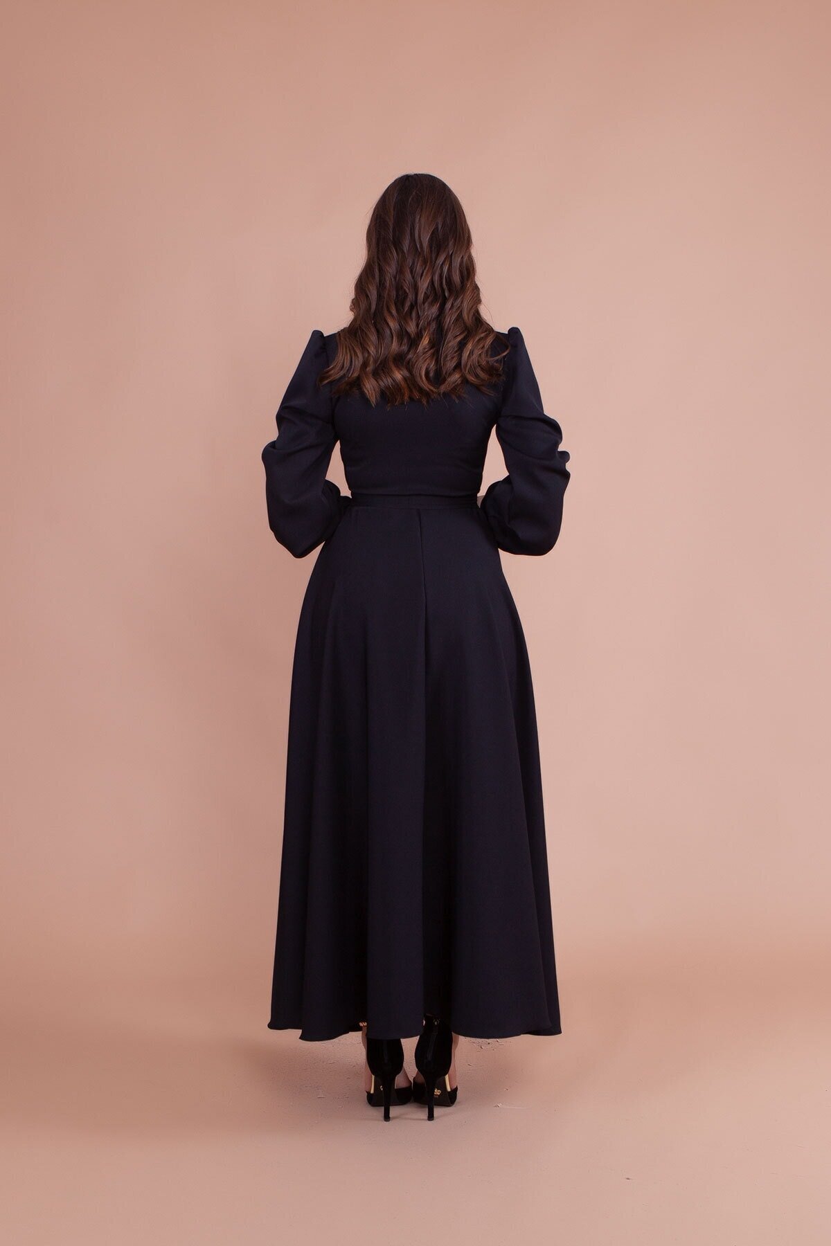 Belted Wrap-Neck Modest Evening Dress - Black - Bidoluelbise