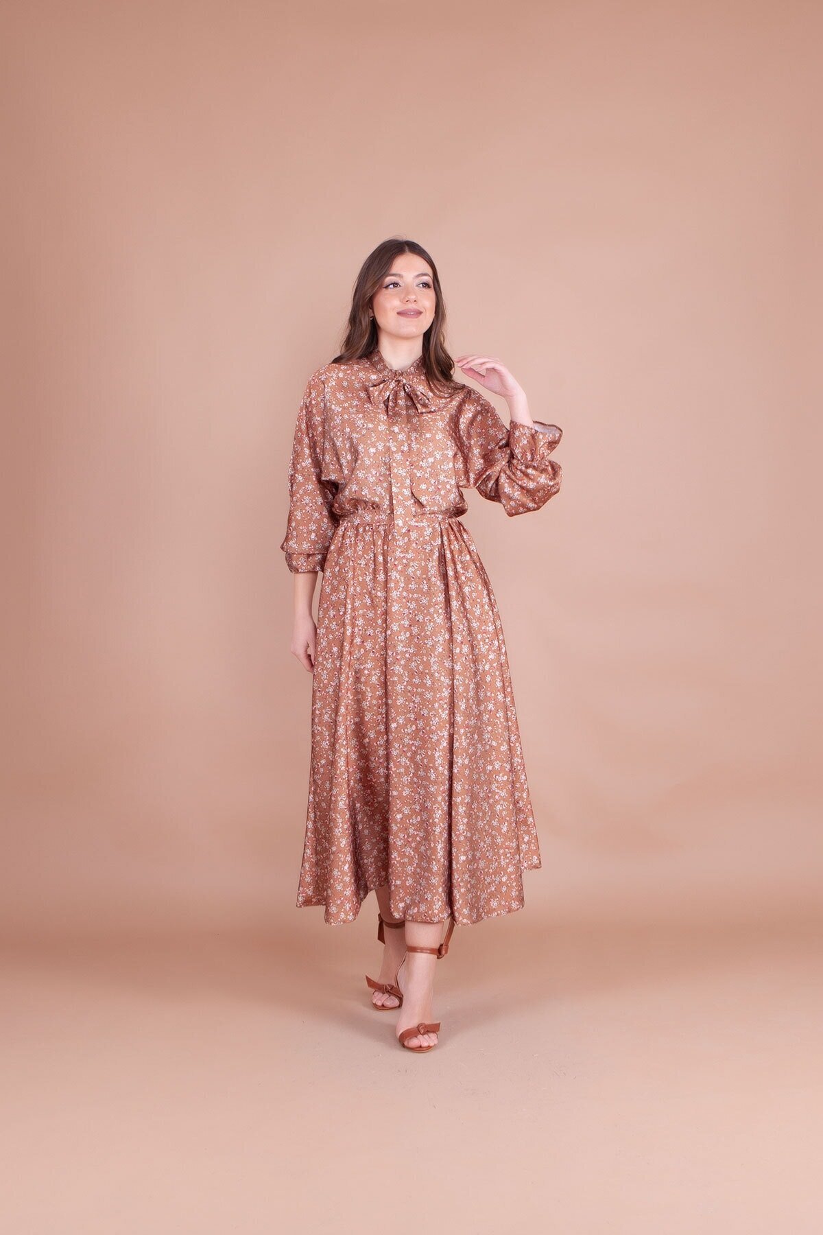 Batwing Floral Patterned Satin Modest Evening Dress - Tan - Bidoluelbise