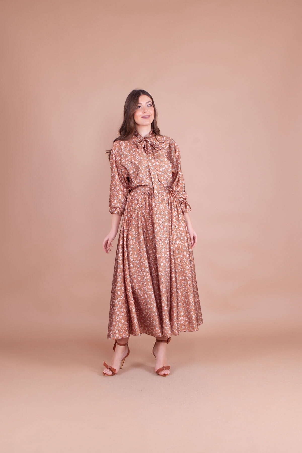 Batwing Floral Patterned Satin Modest Evening Dress - Tan - Bidoluelbise