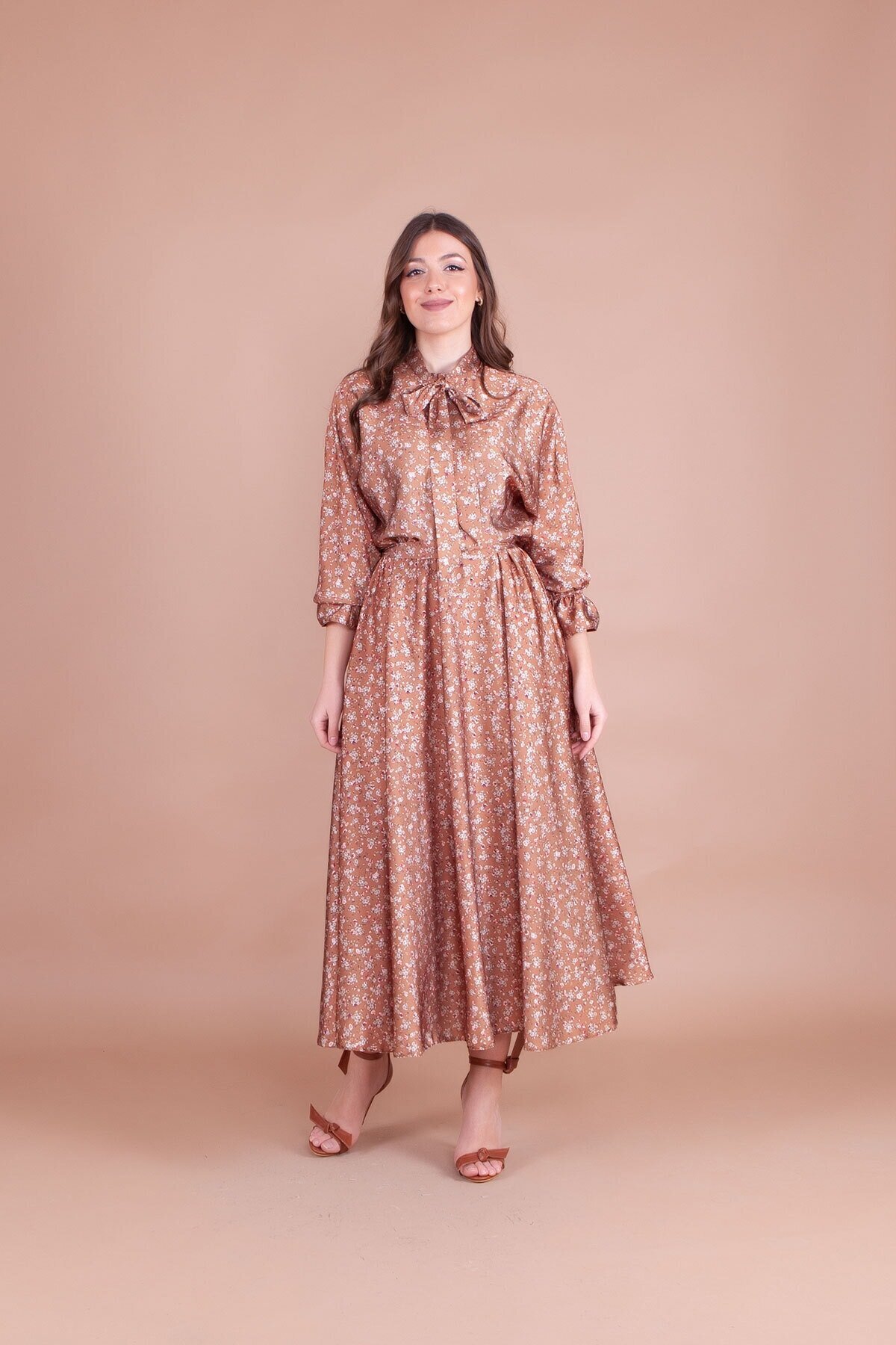 Batwing Floral Patterned Satin Modest Evening Dress - Tan - Bidoluelbise