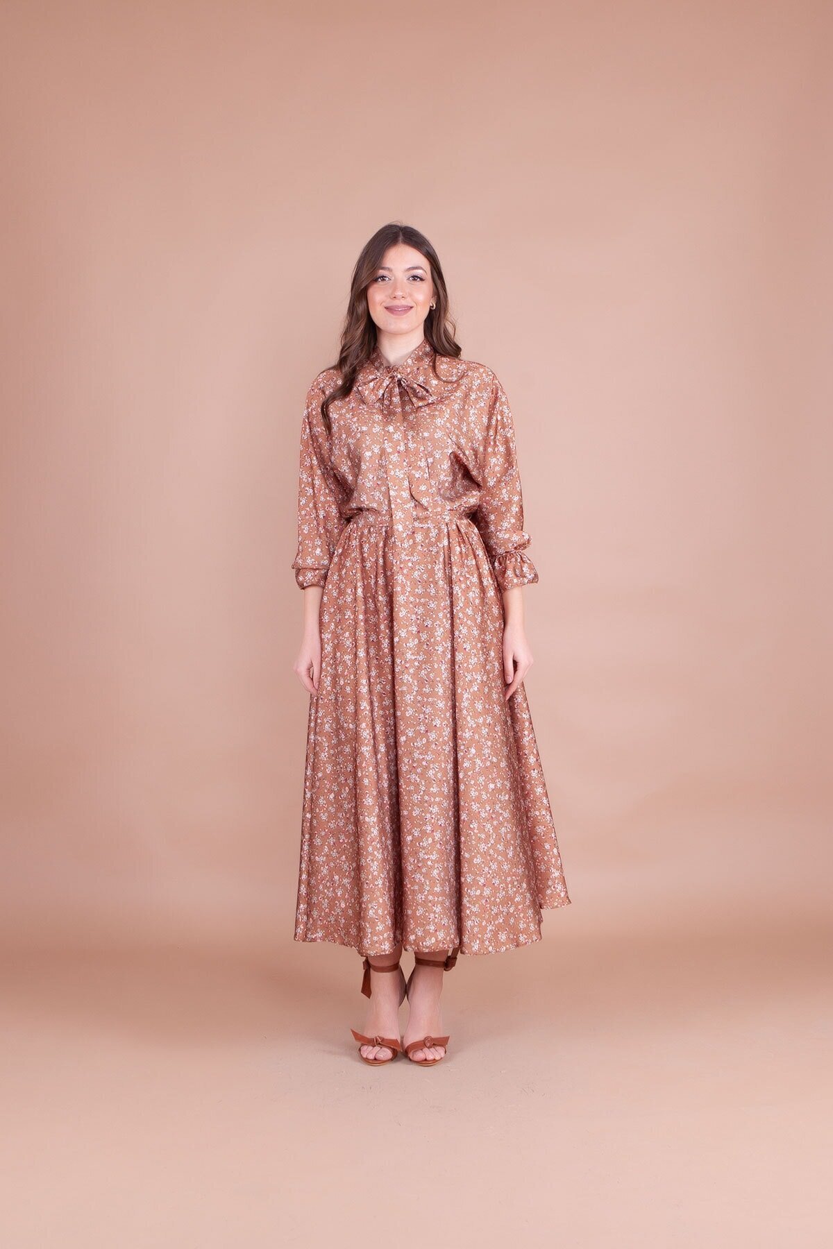 Batwing Floral Patterned Satin Modest Evening Dress - Tan - Bidoluelbise