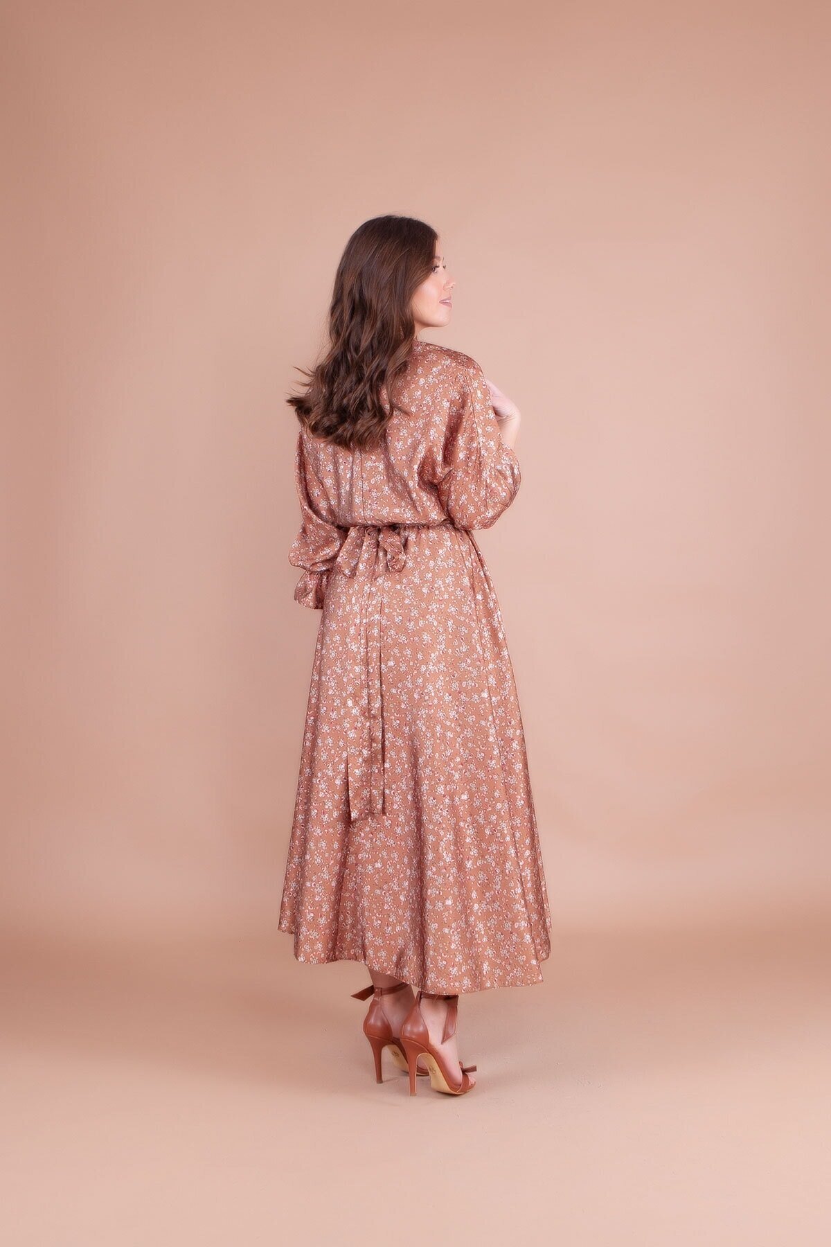 Batwing Floral Patterned Satin Modest Evening Dress - Tan - Bidoluelbise