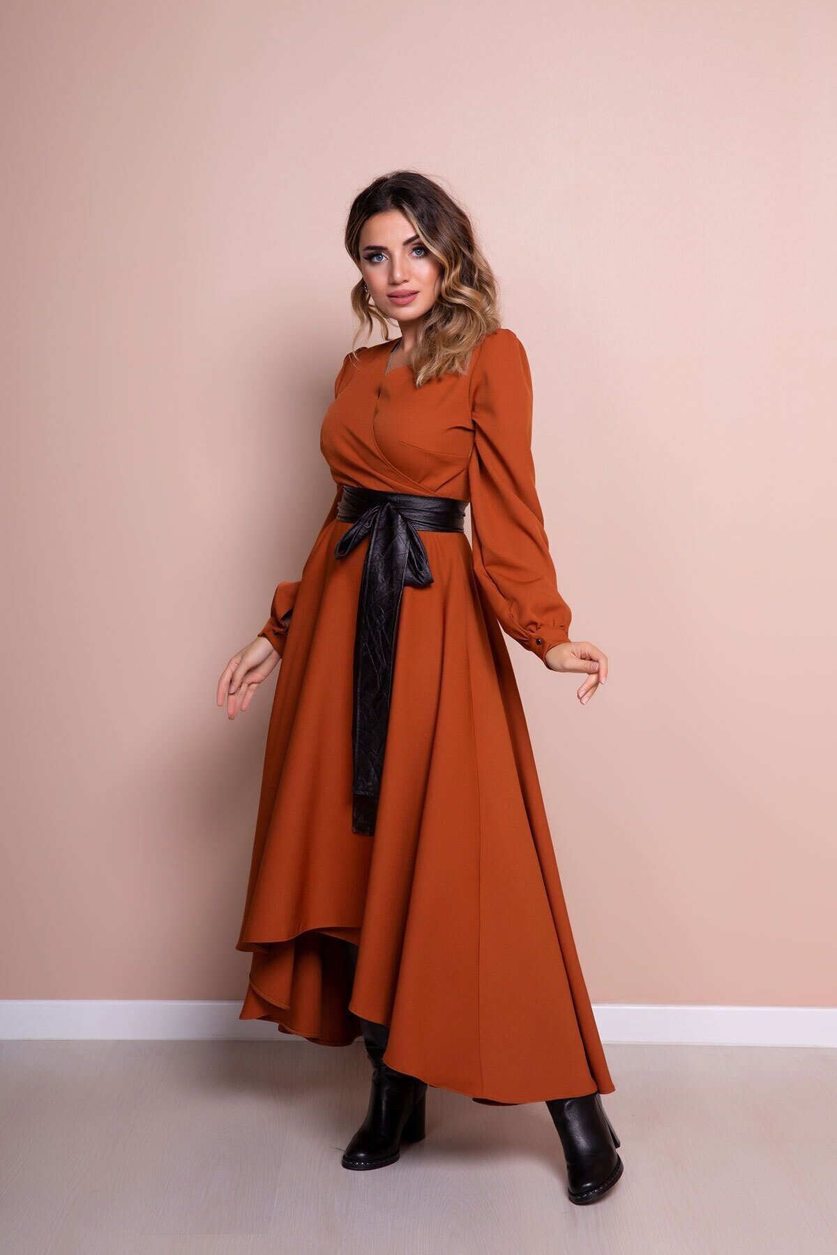 Asymmetrical Cut Long Sleeve Modest Dress with Leather Belt - Cinnamon - Bidoluelbise