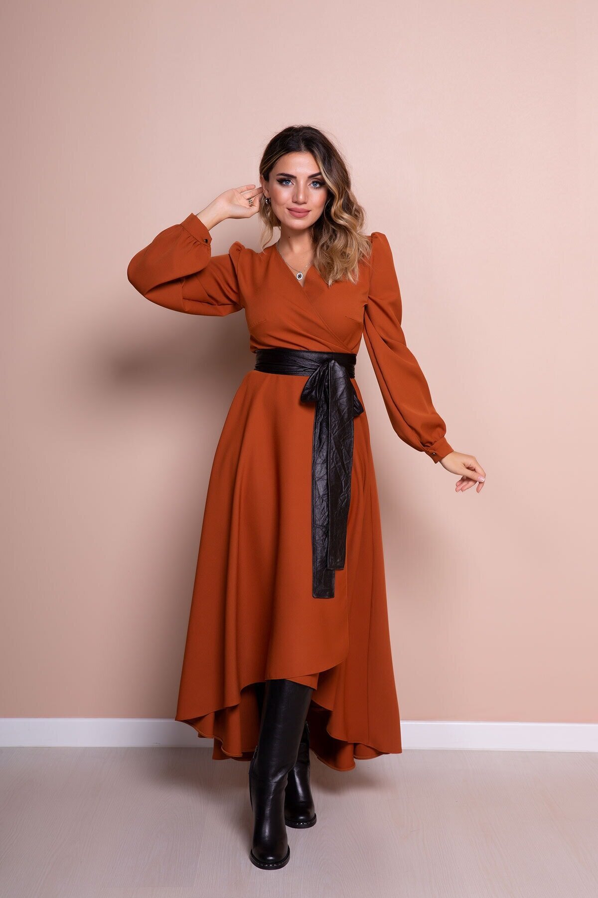 Asymmetrical Cut Long Sleeve Modest Dress with Leather Belt - Cinnamon - Bidoluelbise