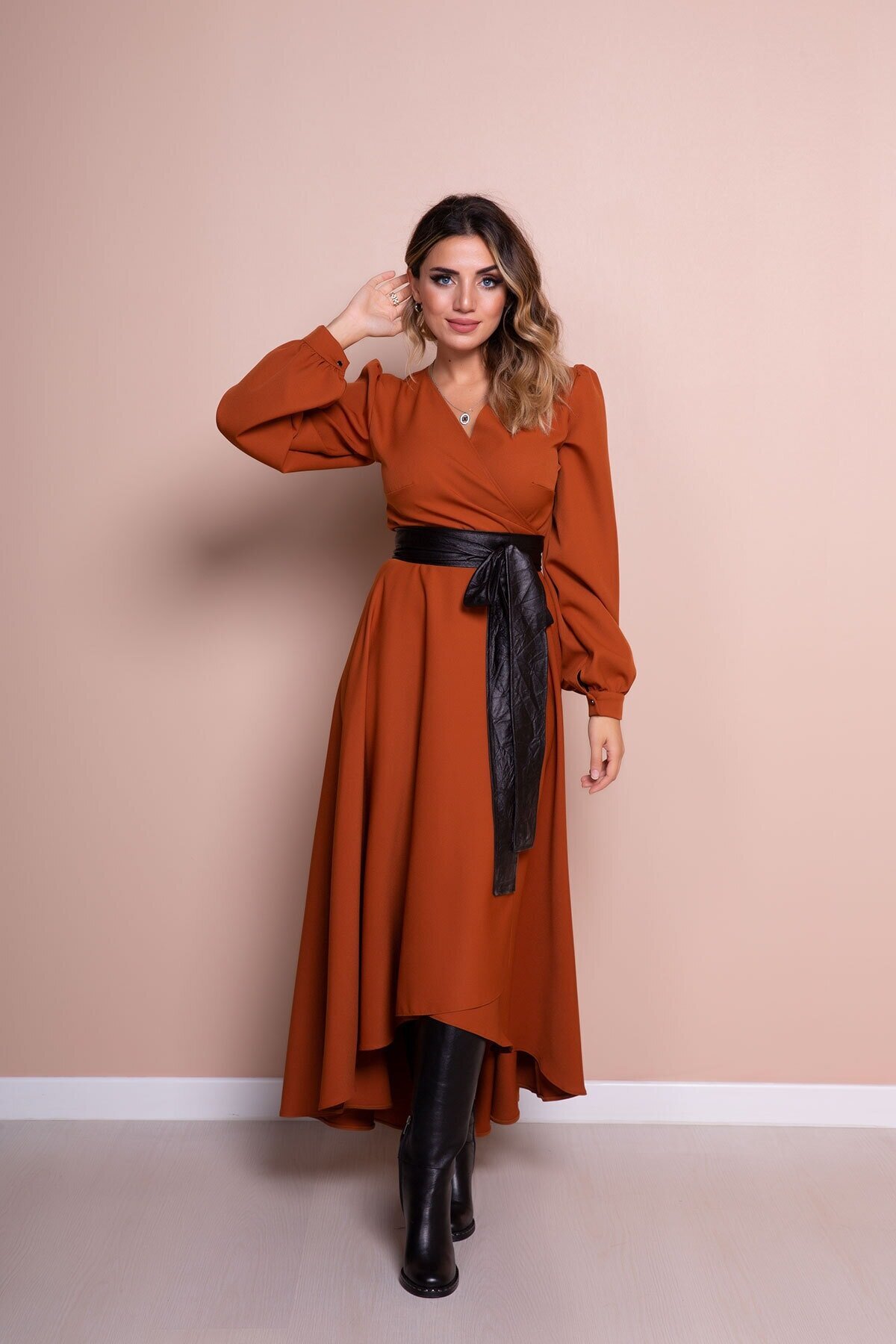 Asymmetrical Cut Long Sleeve Modest Dress with Leather Belt - Cinnamon - Bidoluelbise